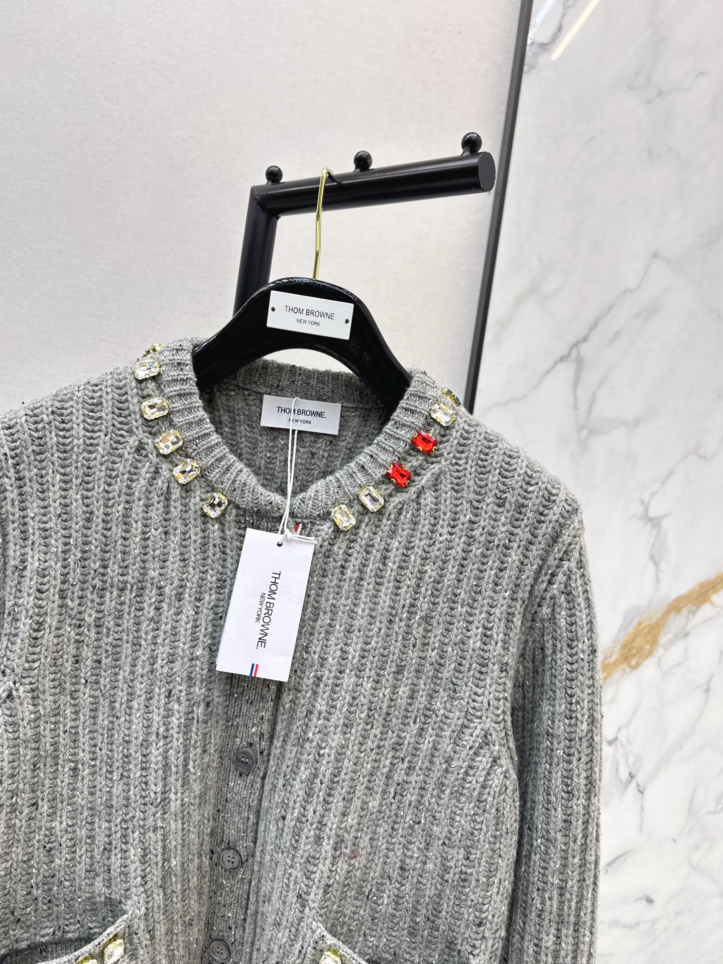 Rhinestone-embellished crew neck knit cardigan