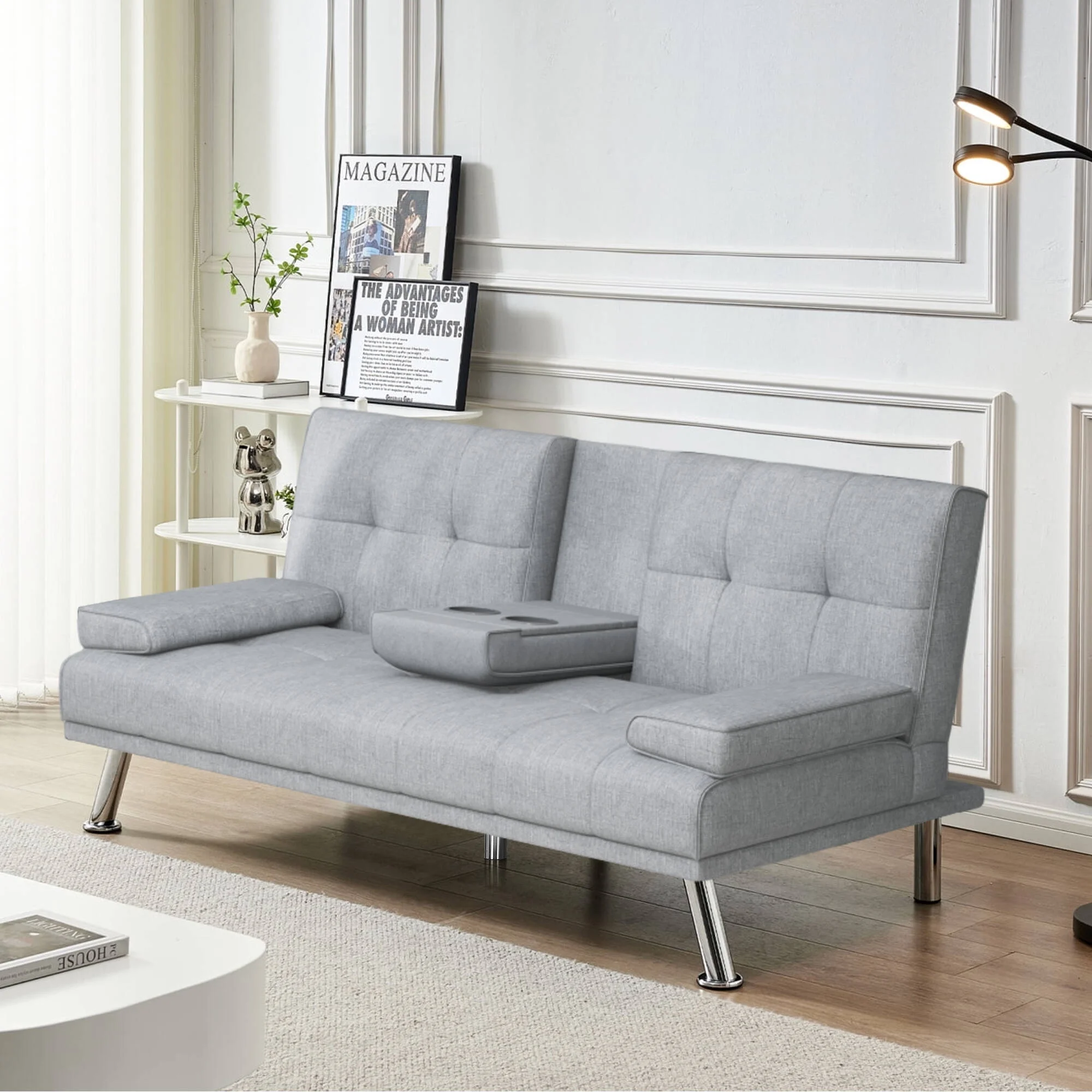 BEABA Futon Sofa Bed Modern PU Faux Convertible Couches with Cup Holder and Pillows Folding Furniture Upholstery