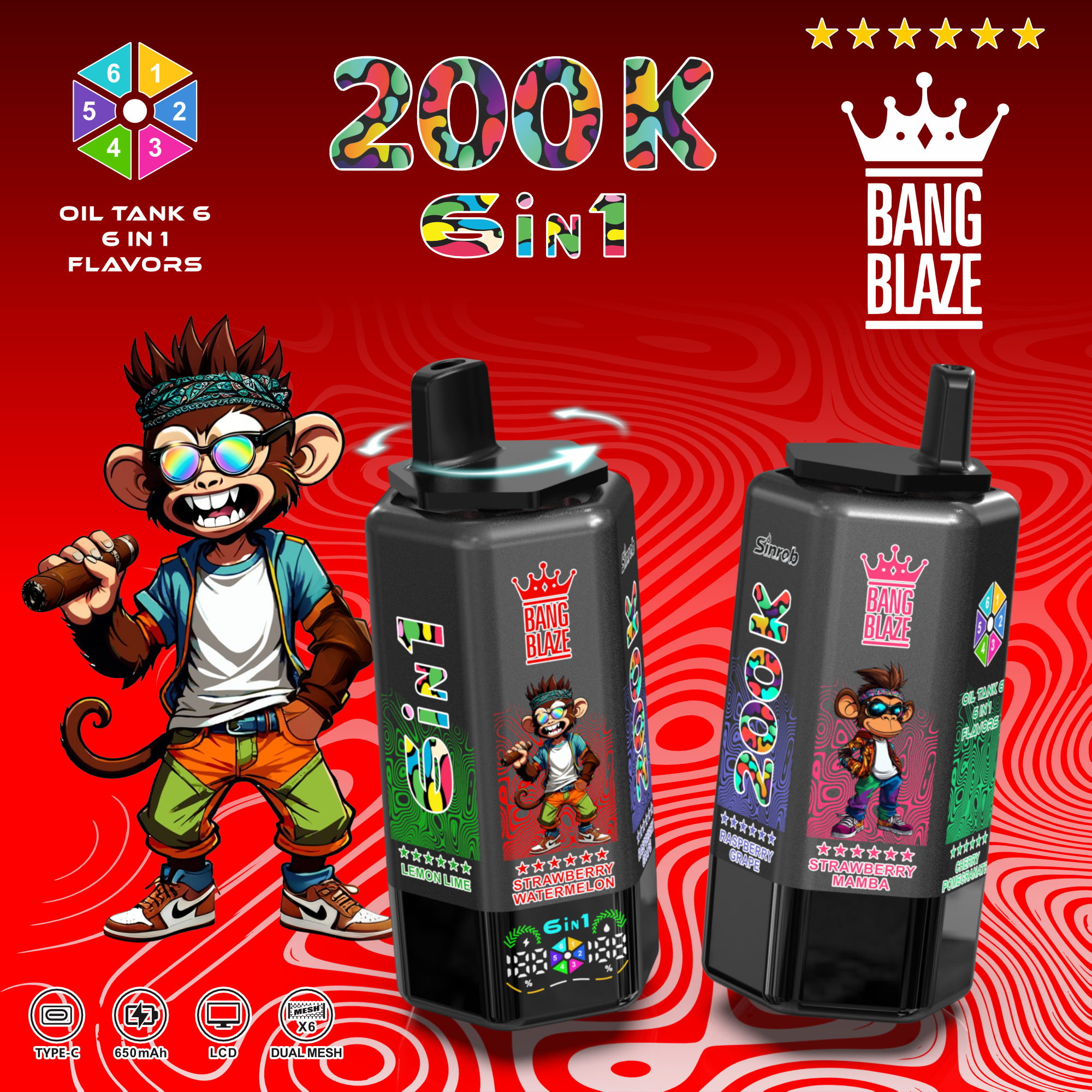BANG Blaze 200 000 potiahnutí (6v1) | Jednorazová e-cigareta s LCD displejom