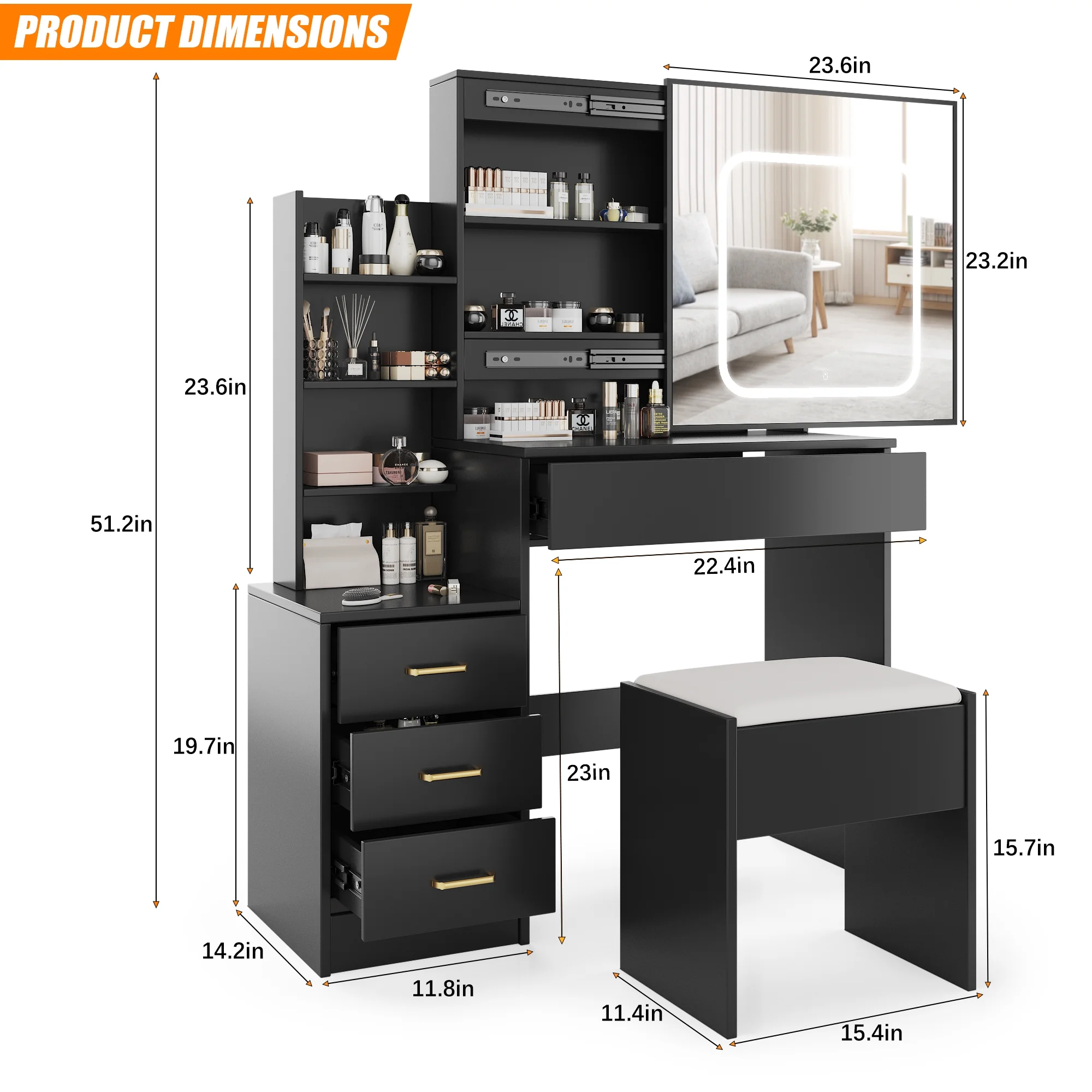 Vanity Desk with Sliding Mirror and Lights, Makeup Vanity Set with 4 Drawers, Stool, Power Outlet, Open Shelves, 3 Color Adjustable Lighting Modes, Makeup Dressing Table for Bedroom, White