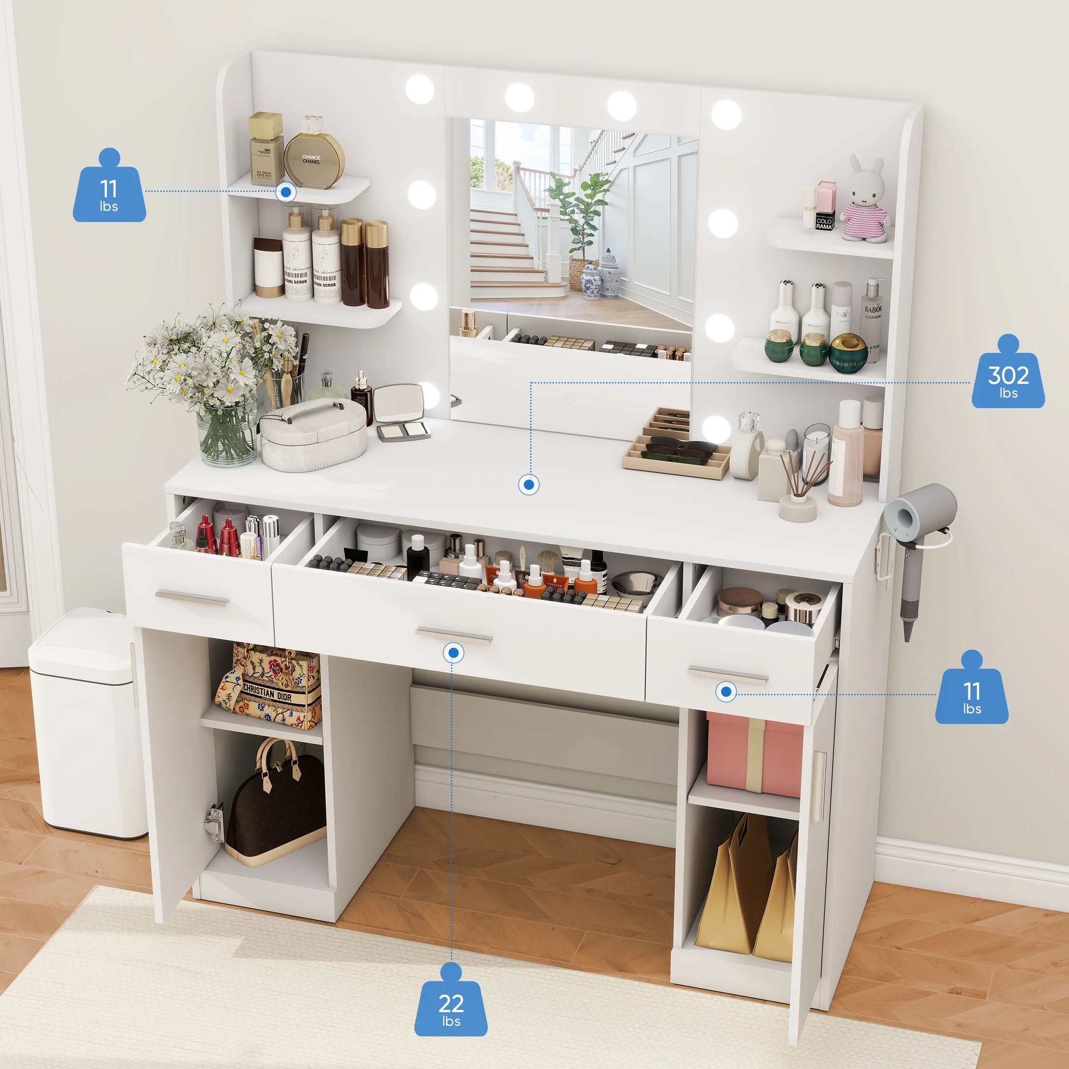 edx Vanity Desk with Mirror, Makeup Vanity Table with 3 Color Light Options Adjustable Brightness for Bedroom Dressing Room, White
