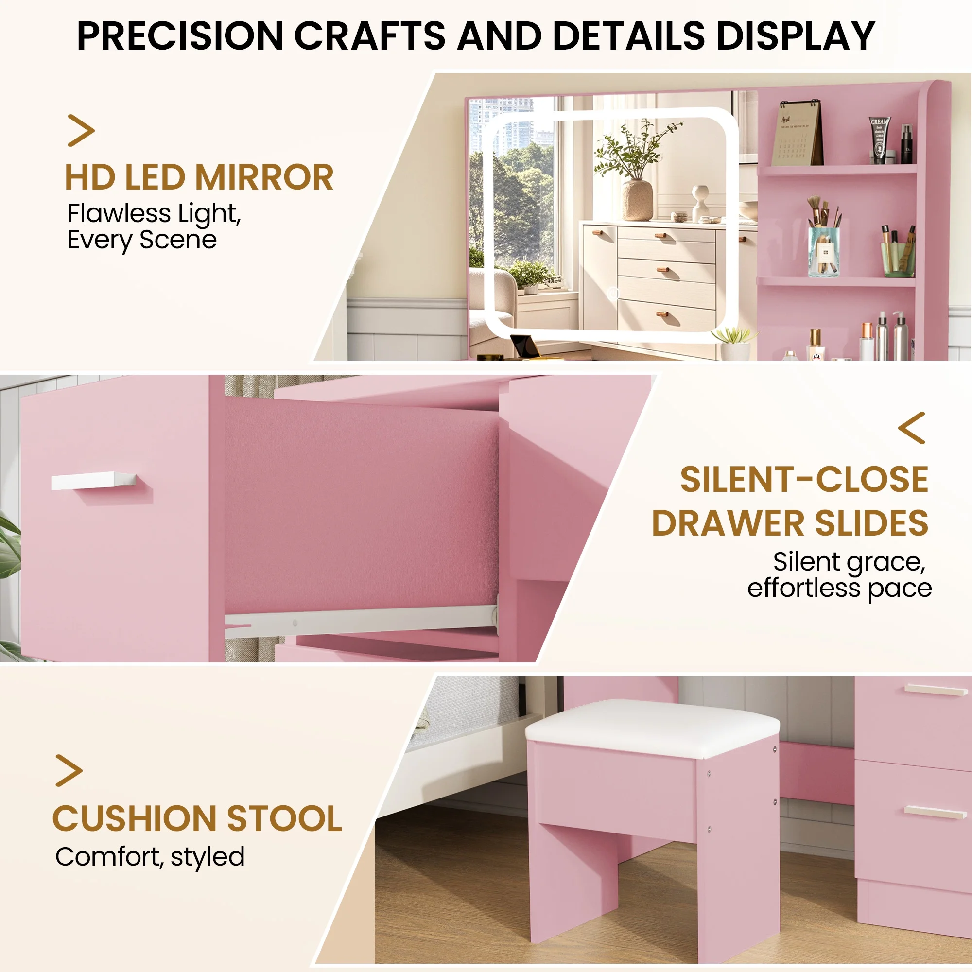 LIVELYGLOW Vanity Desk with Mirror and Lights, Makeup Vanity with Drawer & Storage Shelves, Cabinet, 3 Lighting Modes Adjustable Brightness,White