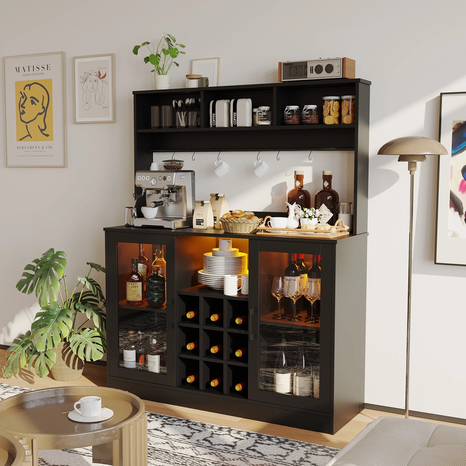 Bar Cabinet with LED Lights, Home Coffee Cabinet with Wine and Glass Rack, Buffet Sideboard with Storage Shelf for Kitchen, Modern Liquor Cabinet for Home, Black
