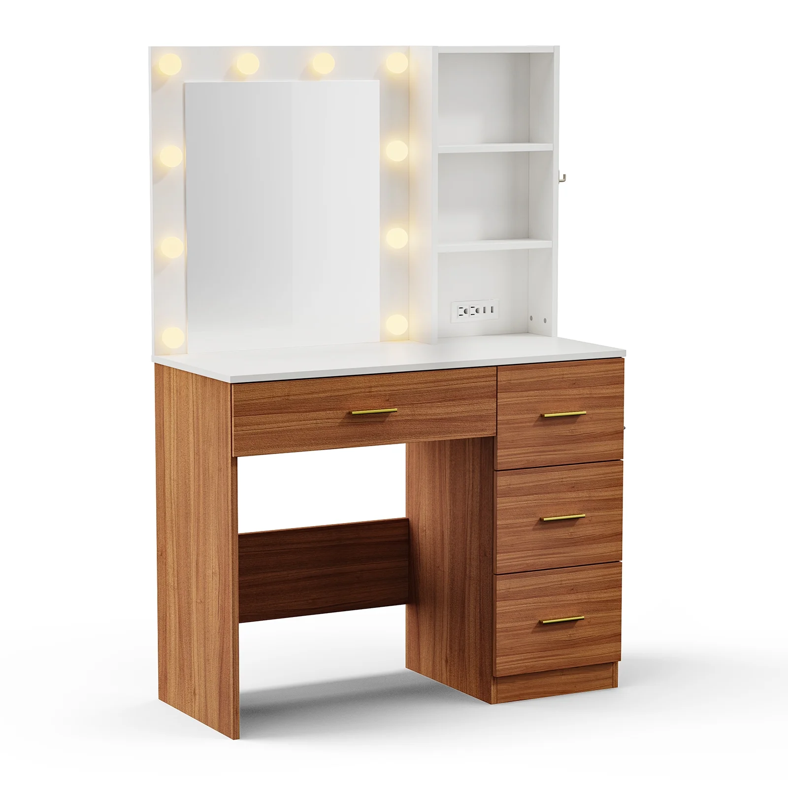 eChamp Makeup Vanity Desk with 3 Color Light & Mirror, Vanity Table with 4 Drawers, Storage Shelf, Power Outlet, Adjustable Brightness Dressing Table, White