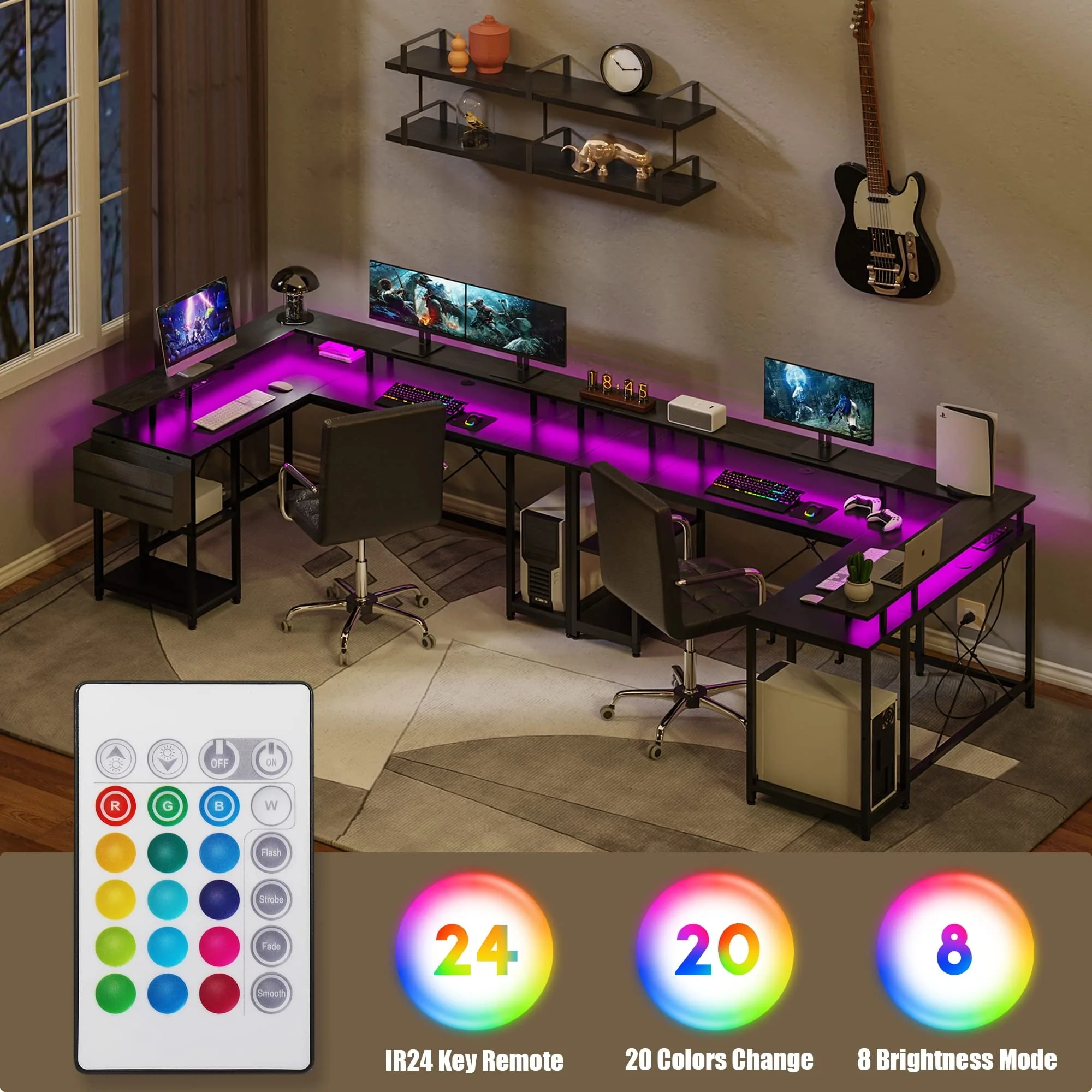 Lulive 95” L-Shaped Computer Desk with LED Light Gaming Desk with Power Outlet, Home Office Desk with Monitor Stand, Storage Shelf and Storage Bag Corner Desk, Black