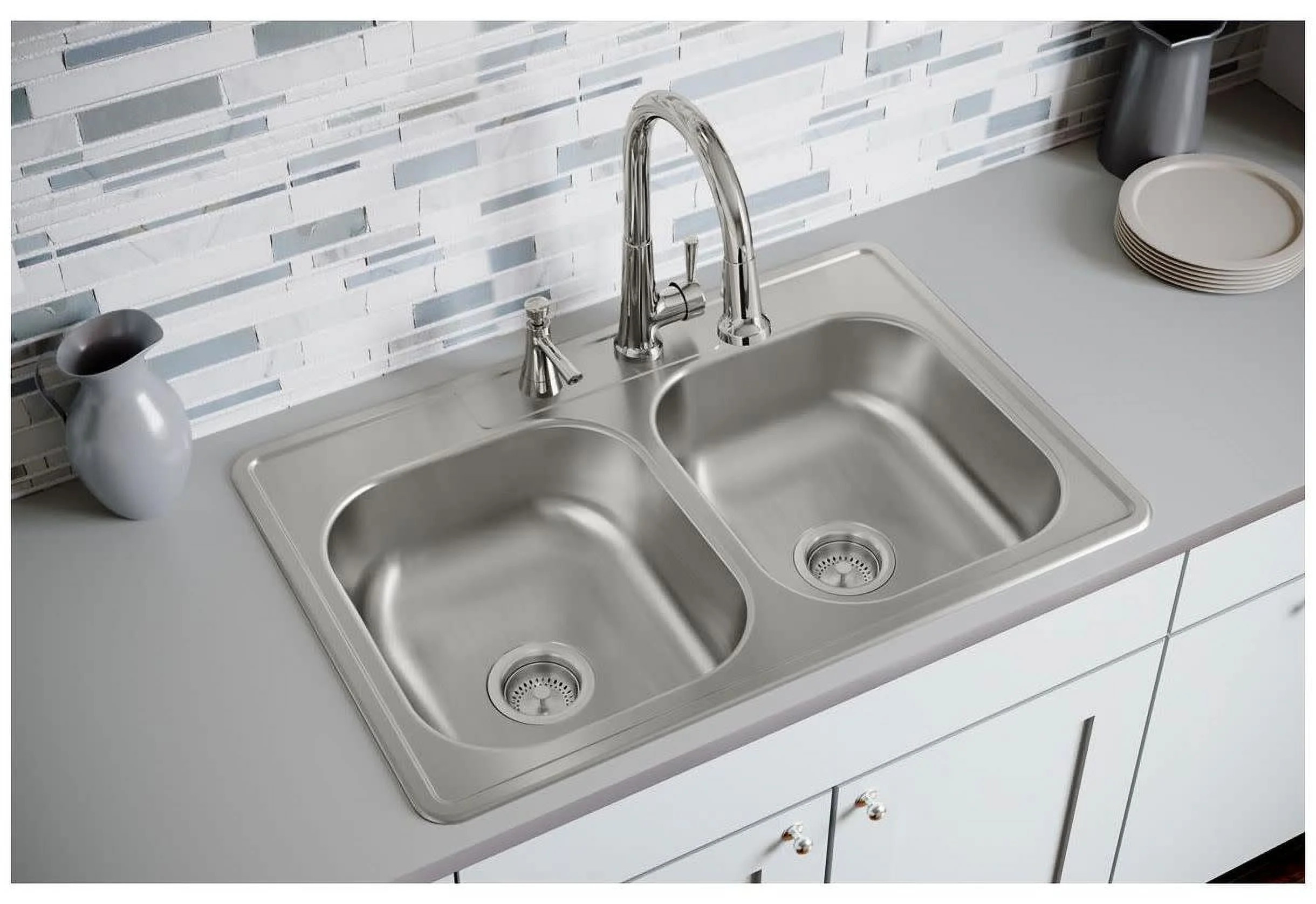 Elkay DD233224 22 Gauge Stainless Steel Double Bowl Top Mount Kitchen Sink, 33 x 22 x 7.0625