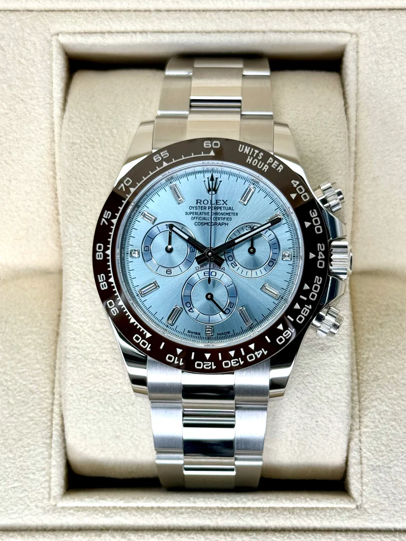 【Super Clone】Rolex Daytona 40mm Platinum Ice Blue Diamond Baguette Dial  m116506