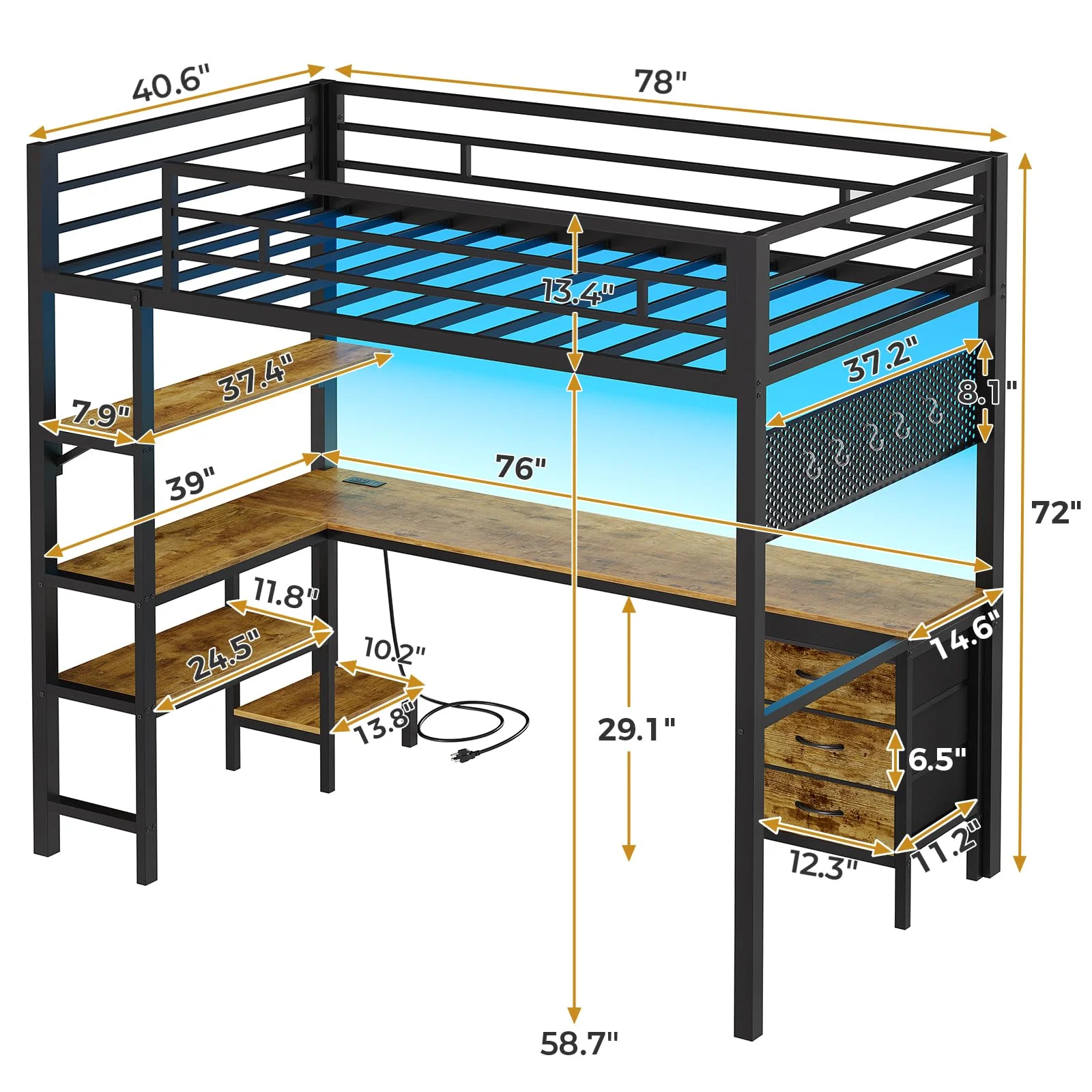 Afuhokles Loft Bed Twin Size with L-Shaped Desk and Charging Station, LED Light Twin Metal Loft Bed with Fabric Drawers and Shelves, Gray