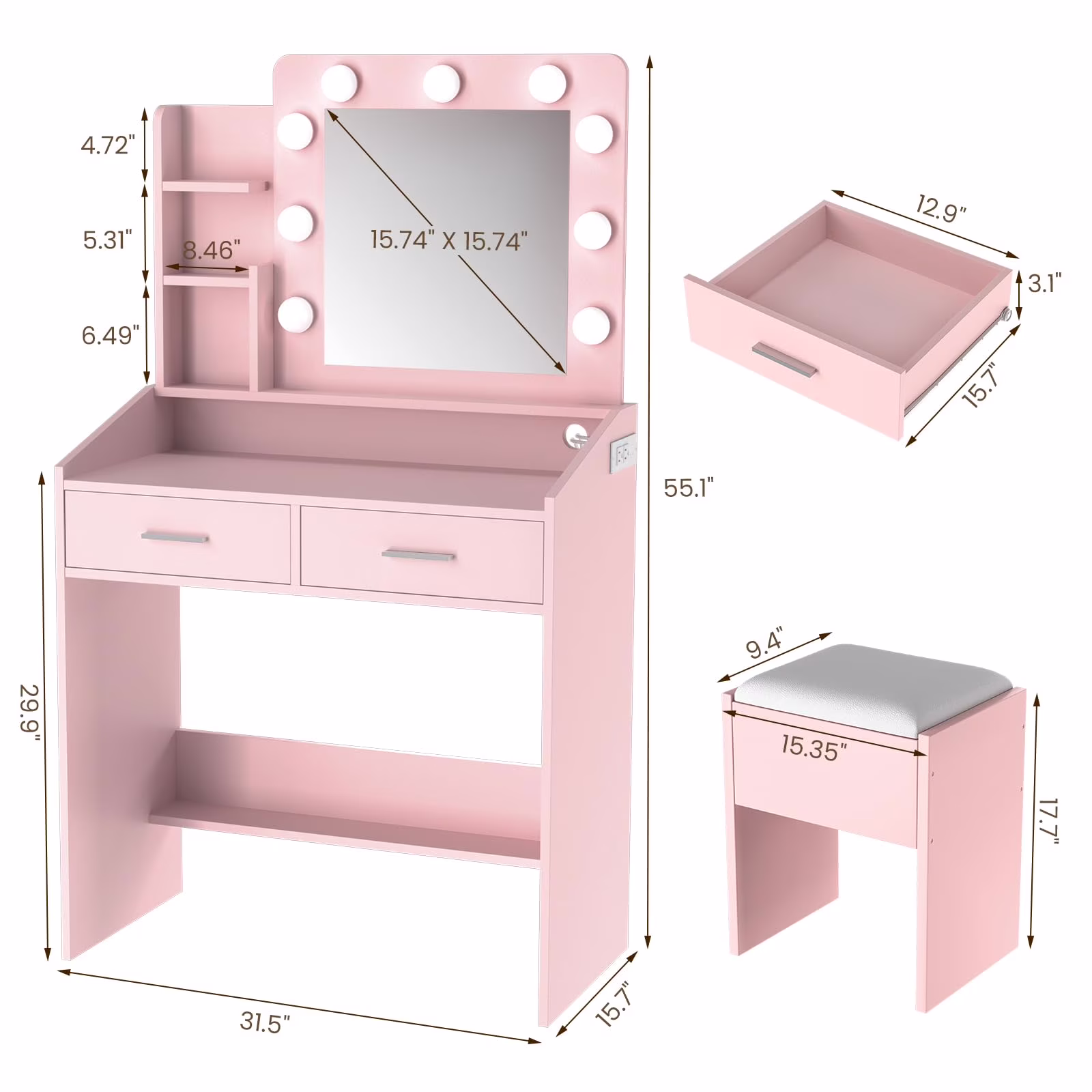 Yeshouse Vanity Desk with Mirror and Lights, White Makeup Vanity with 2 Drawers, 3 Light Mode and Brightness Adjusted, Makeup Table for Bedroom, Desk and Chair