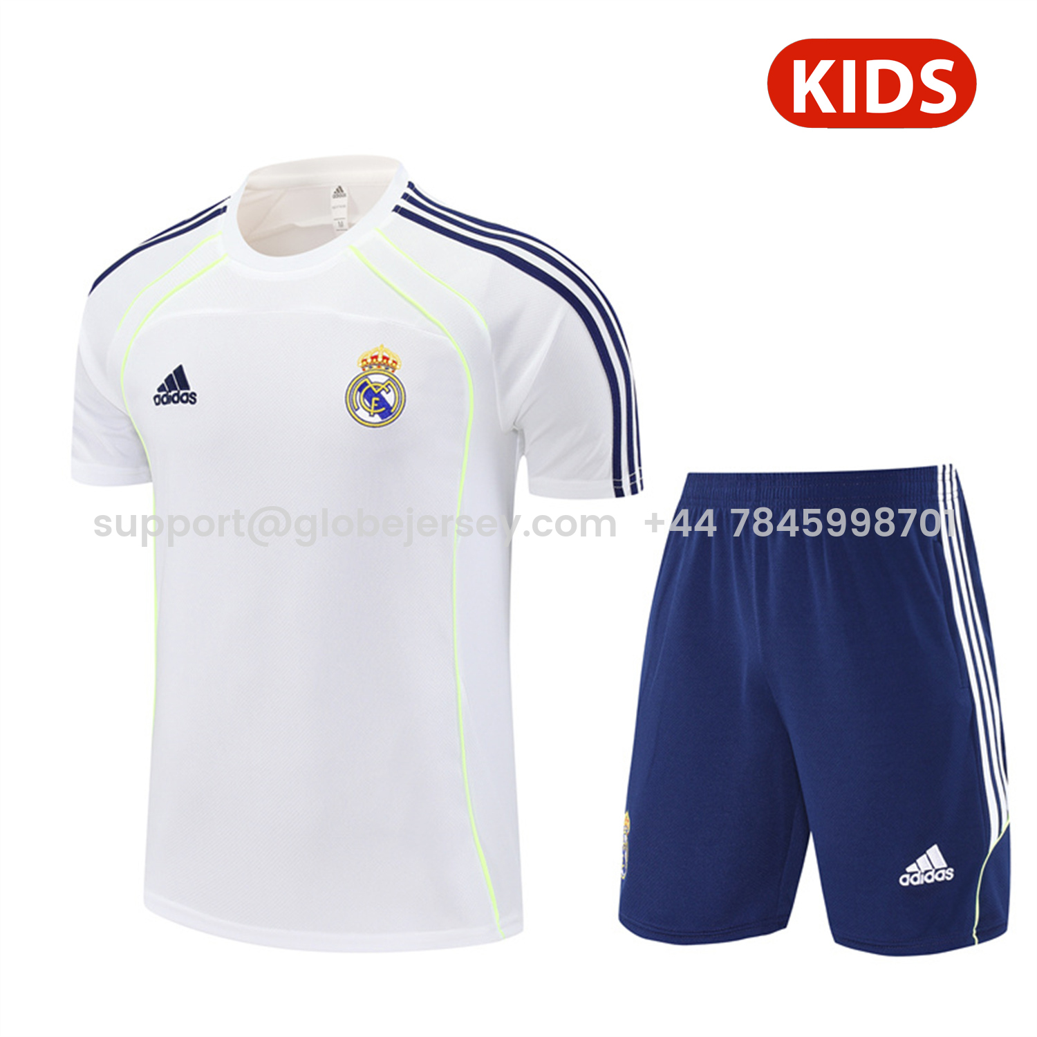 Real Madrid 25-26 Kids Short-Sleeve Training Set - White Urban Purist Style Top and Blue Shorts