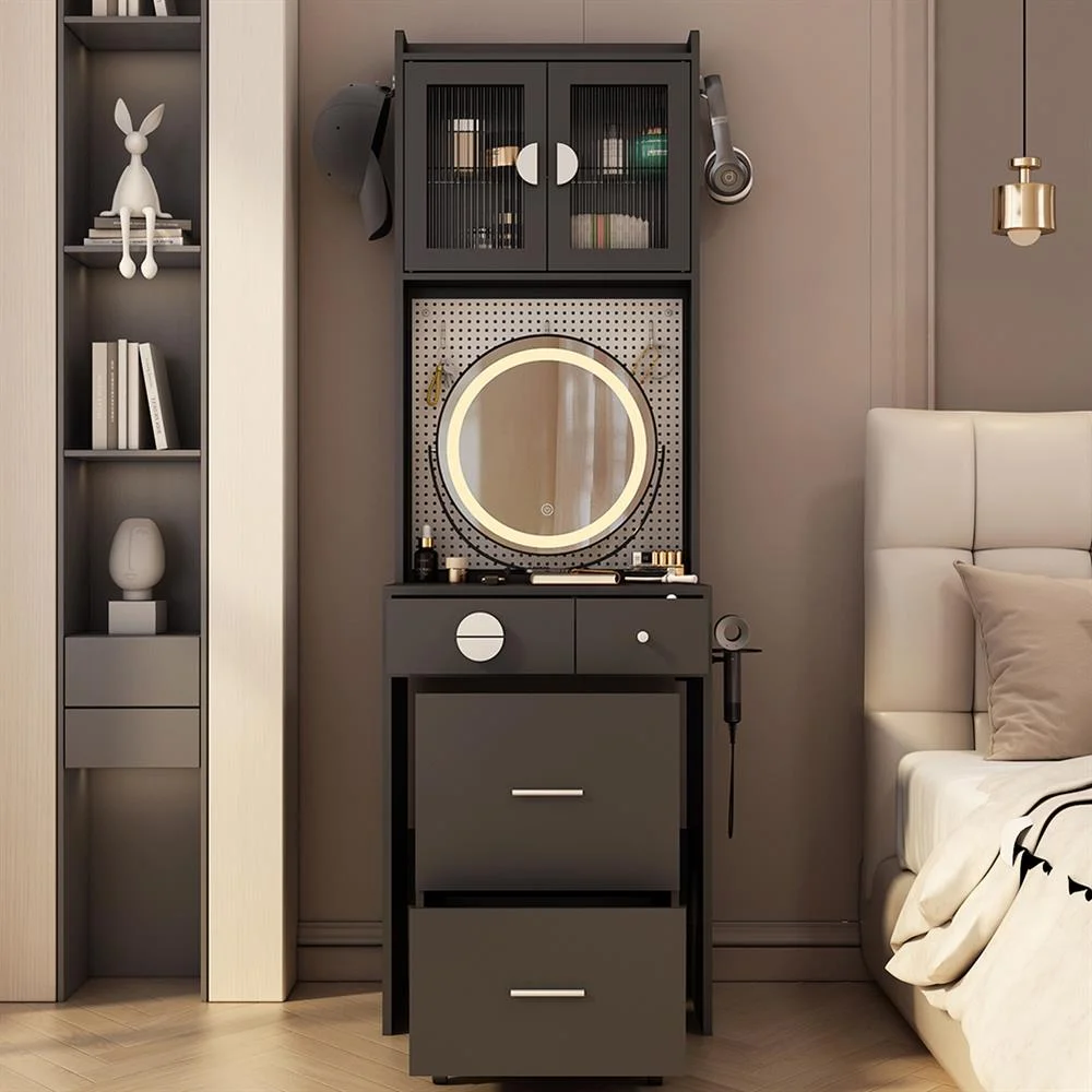 EDOEMSE Table & Chair Vanity Set, Vanity Set,Small Vanity Desk with Mirror and LED Lights, Makeup Table with Charging Station and drawers,Gray