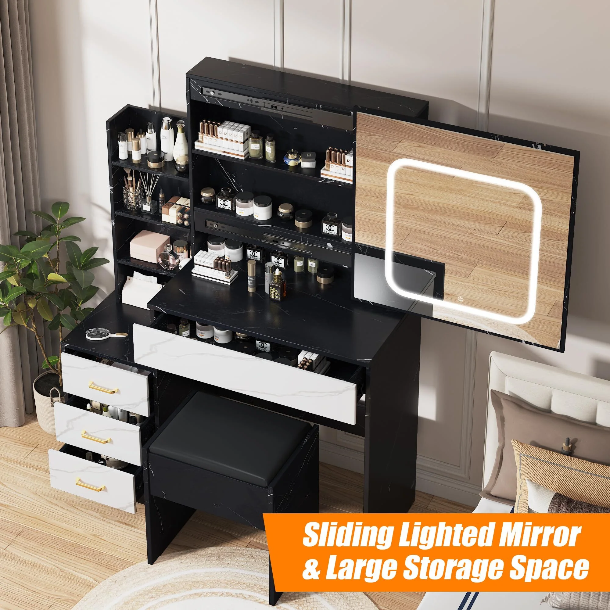 Vanity Desk with Sliding Mirror & Lights, Makeup Vanity Set with Charging Station 4 Drawers 7 Shelves, Large Vanity Set with Cushioned Stool for Bedroom, White