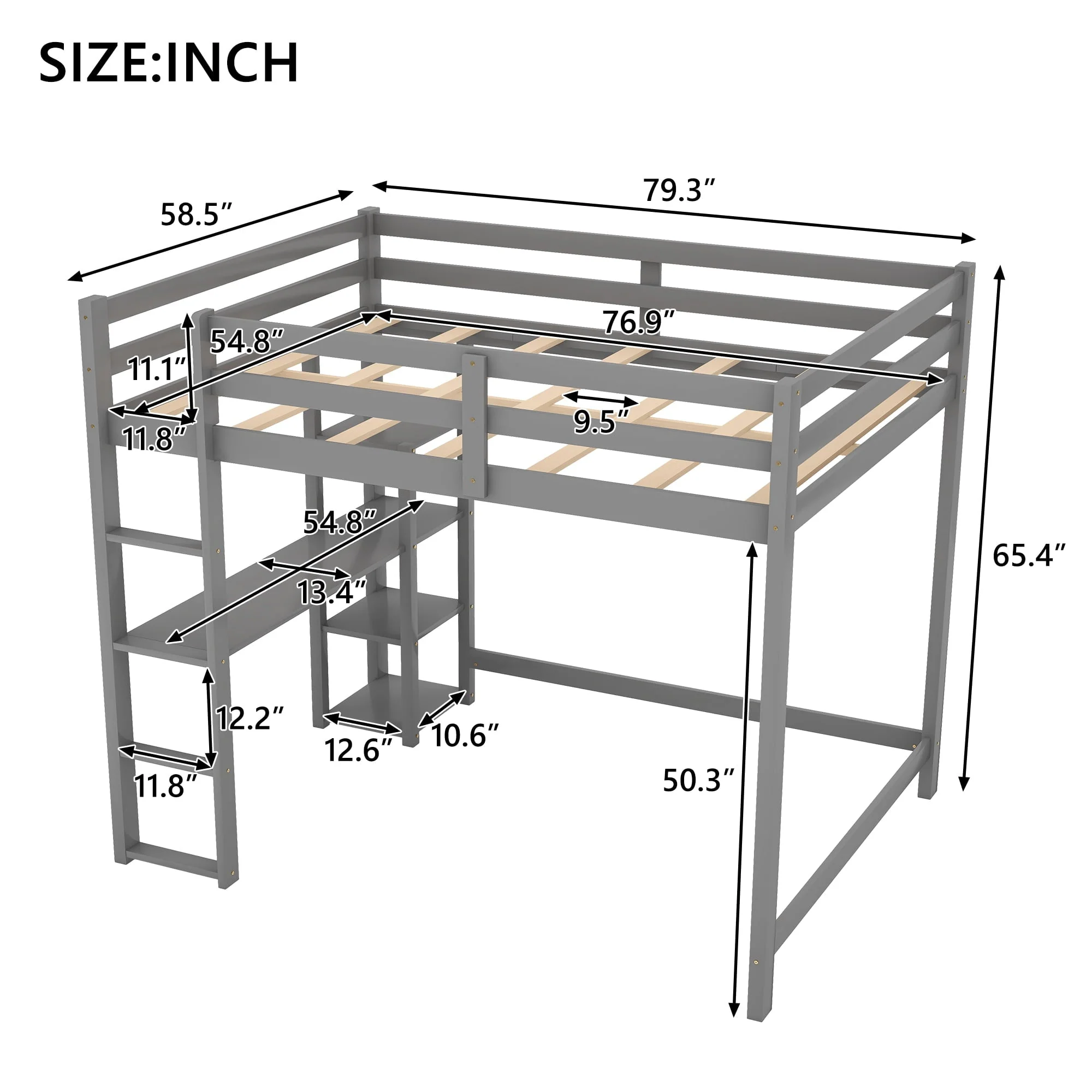 Euroco Full Size Loft Bed with Built-in Desk and Shelves, Gray