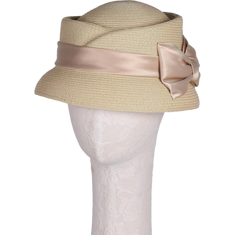 Women's Vintage Straw Cloche Church Hat with Satin Bow