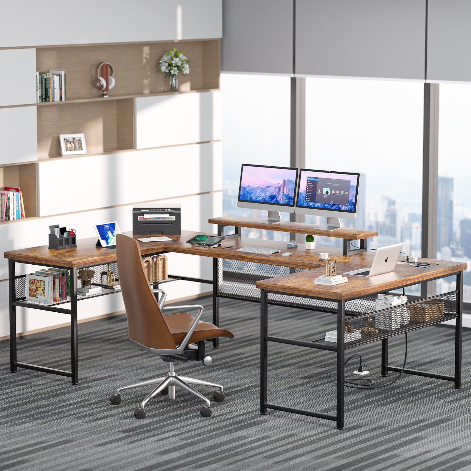 Homieasy U Shaped Desk with Power Outlet and LED Strips, 129.9'' Ergonomic L-Shaped Gaming Desk with Monitor Stand, Reversible Corner Computer Desk with Storage Shelf for Home Office, White Oak