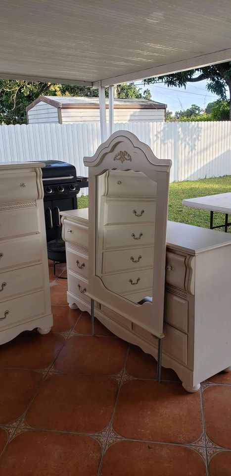 Set includes dresser. mirror. chest. nightstand and headboard