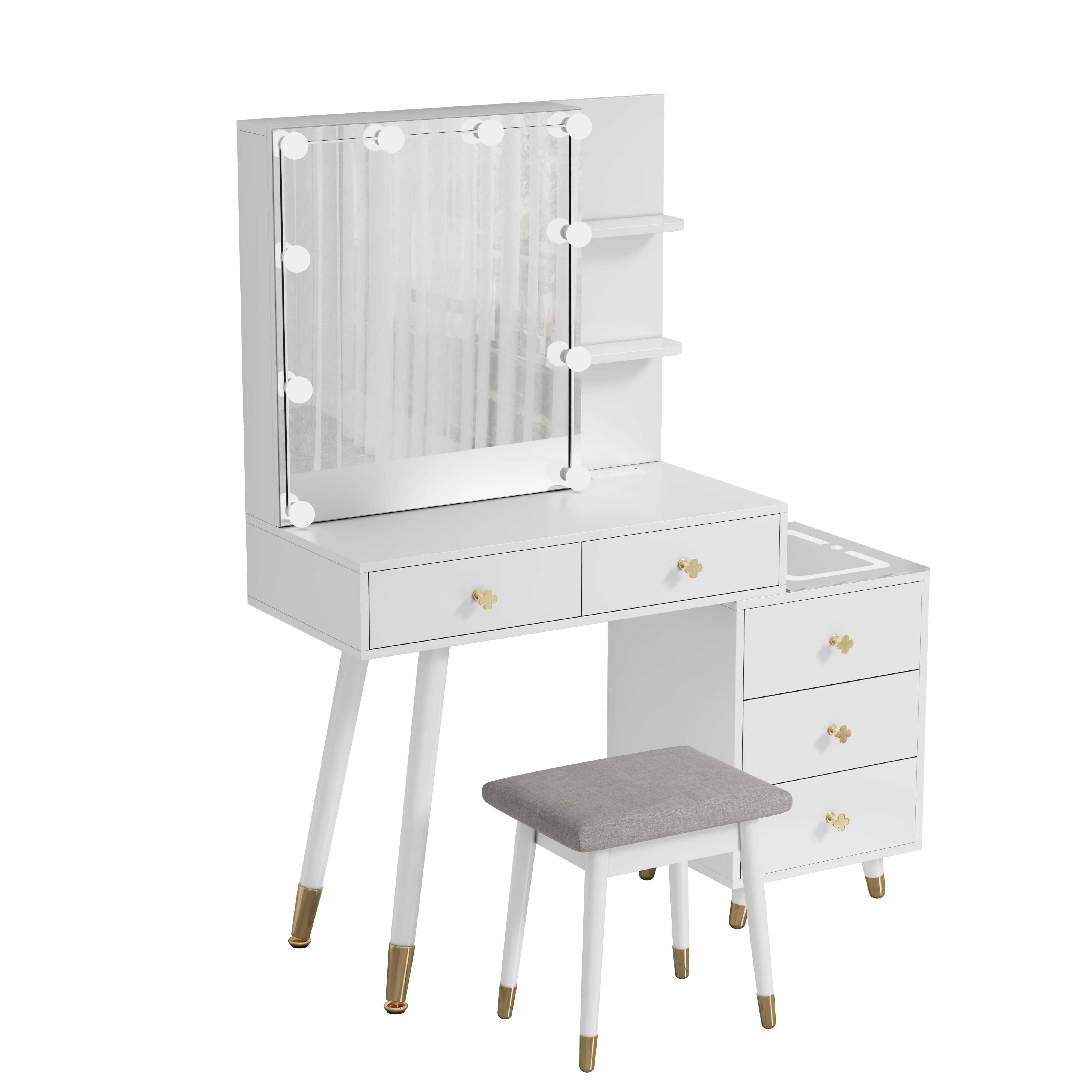 Kadyn Vanity Desk with Lighted Mirror, Vanity Table and Chair Set with 2 Drawers, Dressing Table Makeup Desk with 1 Door, Retro Gray