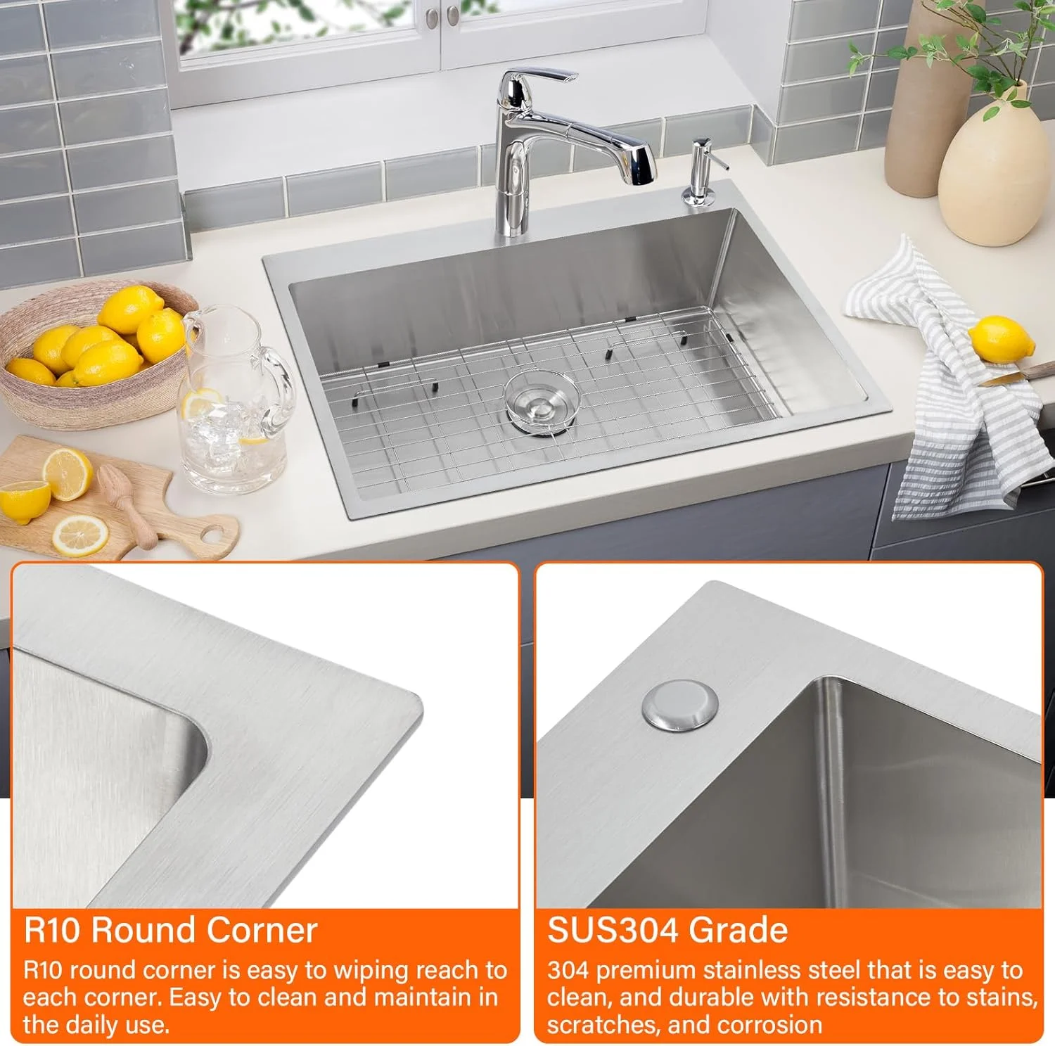 Garvee 33 x 22 Drop In Kitchen Sink, 16 Gauge Stainless Steel Topmount Deep Single Bowl Sink with Grid and Drain Strainer Set, Household Dishwasher Sinks for Workstation, RV, Prep Kitchen, Bar Sink