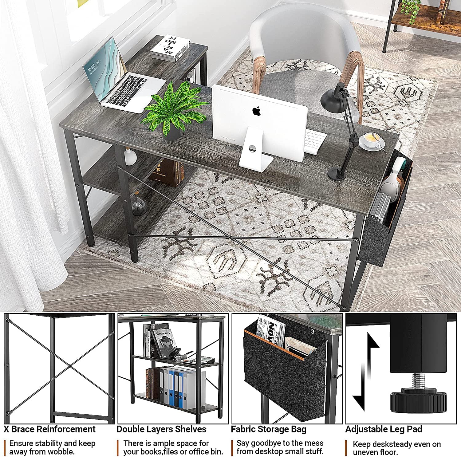 Homieasy L Shaped Desk, 47 Inch Reversible Computer Desk with Storage Shelves, Modern Corner Desk Gaming Desk Small Office Desk with Storage Bag for Home Office Workstation, Black Oak