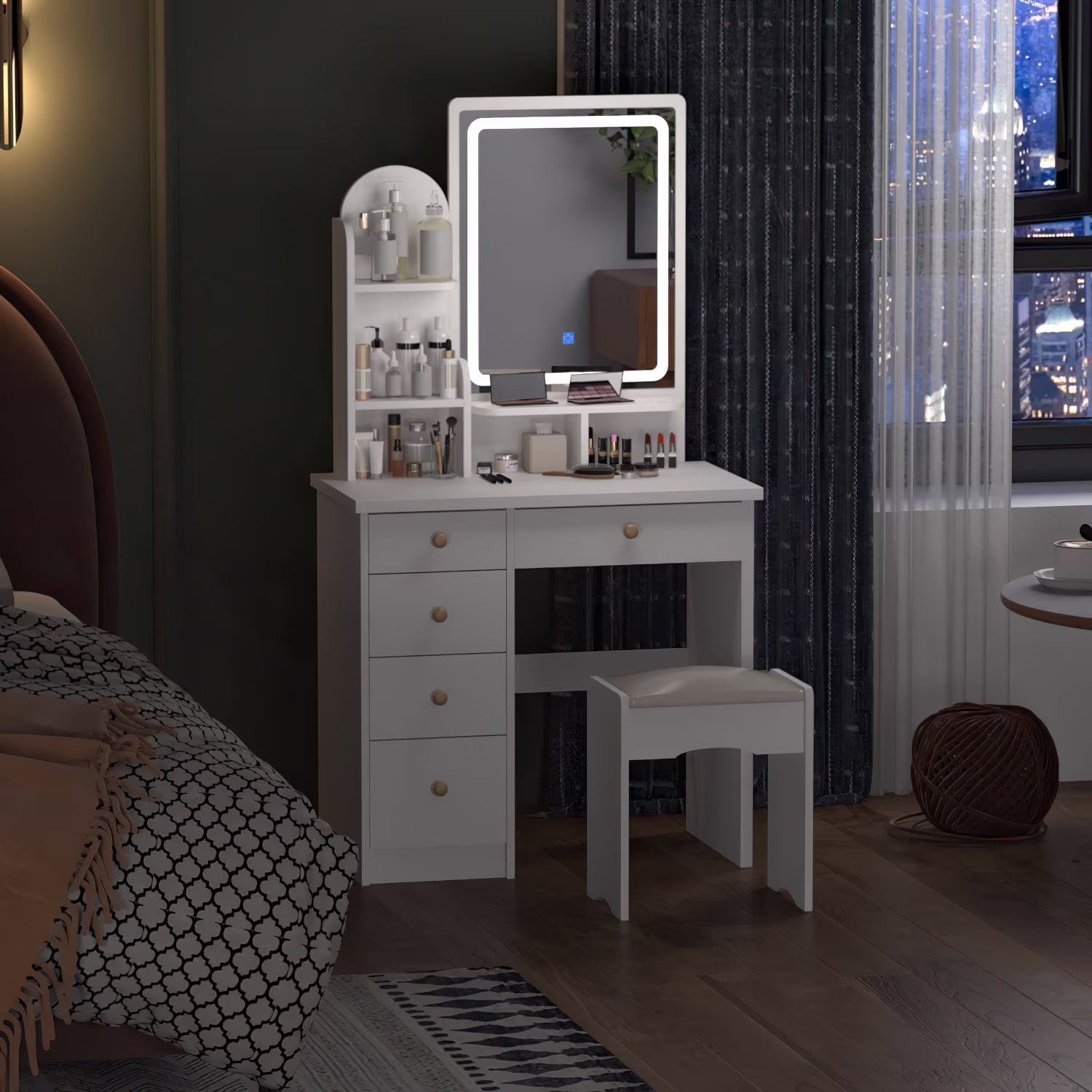 MONSLIPA Makeup Vanity Desk Set w/ Light, Sturdy Dressing Vanity Table with Bench, Shelves & Drawers
