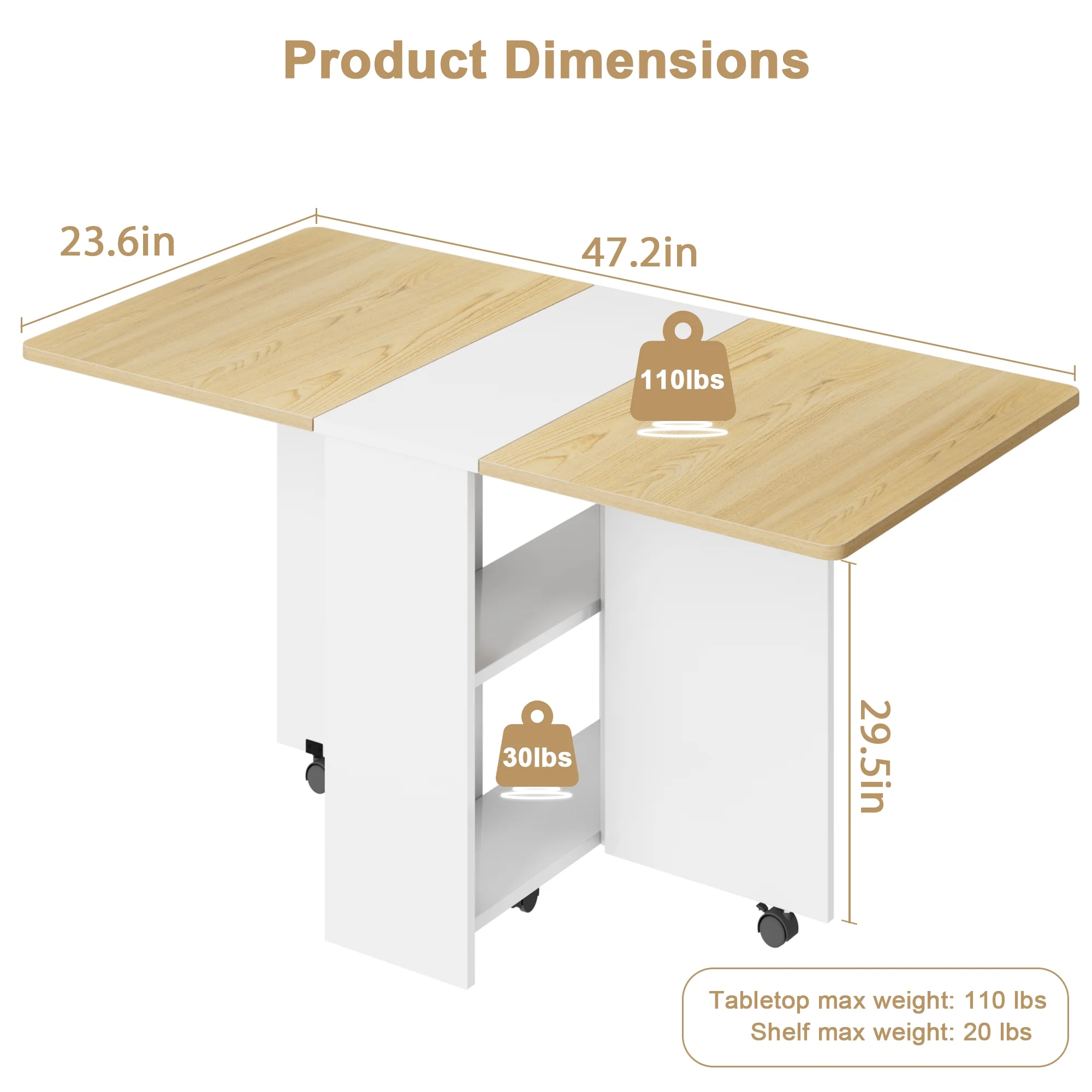 Danolapsi Folding Dining Table,Dinner Table with Wheels and 2-Layer Storage Shelf,Farmhouse Wood Kitchen Dining Room Tables Set for 4, Expandable Rectangle Dinner Kitchen Office Furniture