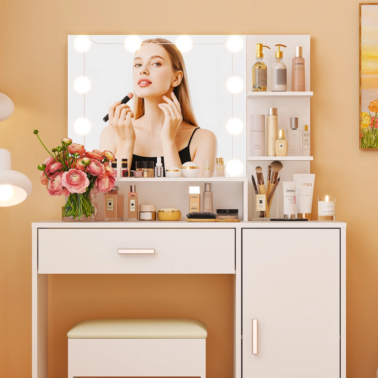 Ktaxon Vanity Set with 3 Color Lighted Mirror, Makeup Table with 3 Storage Shelves & Drawers, Dressing Table Makeup Desk with Stool,White