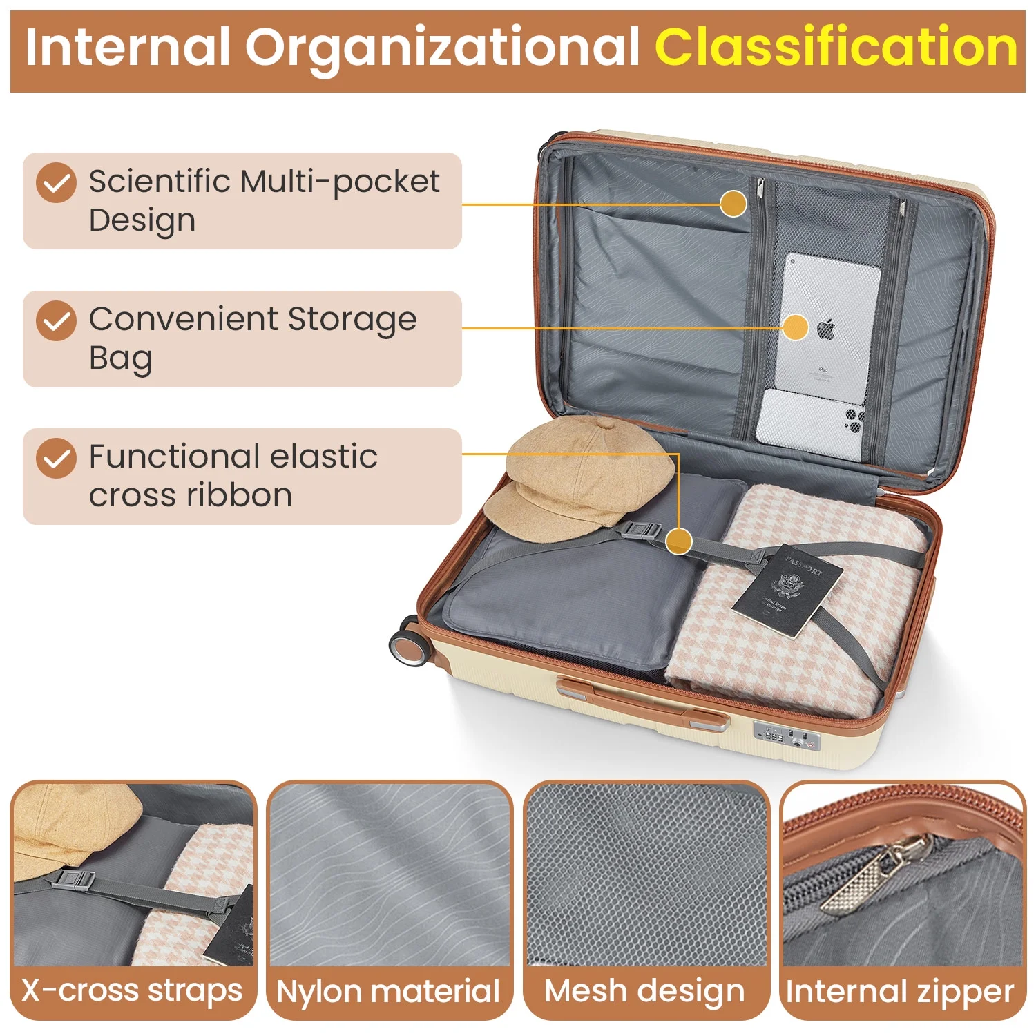 4 Piece Luggage Set, Expandable Lightweight Suitcase Set, PP Materials Travel Luggage with TSA Lock Spinner Wheels, White (14/20/24/28)