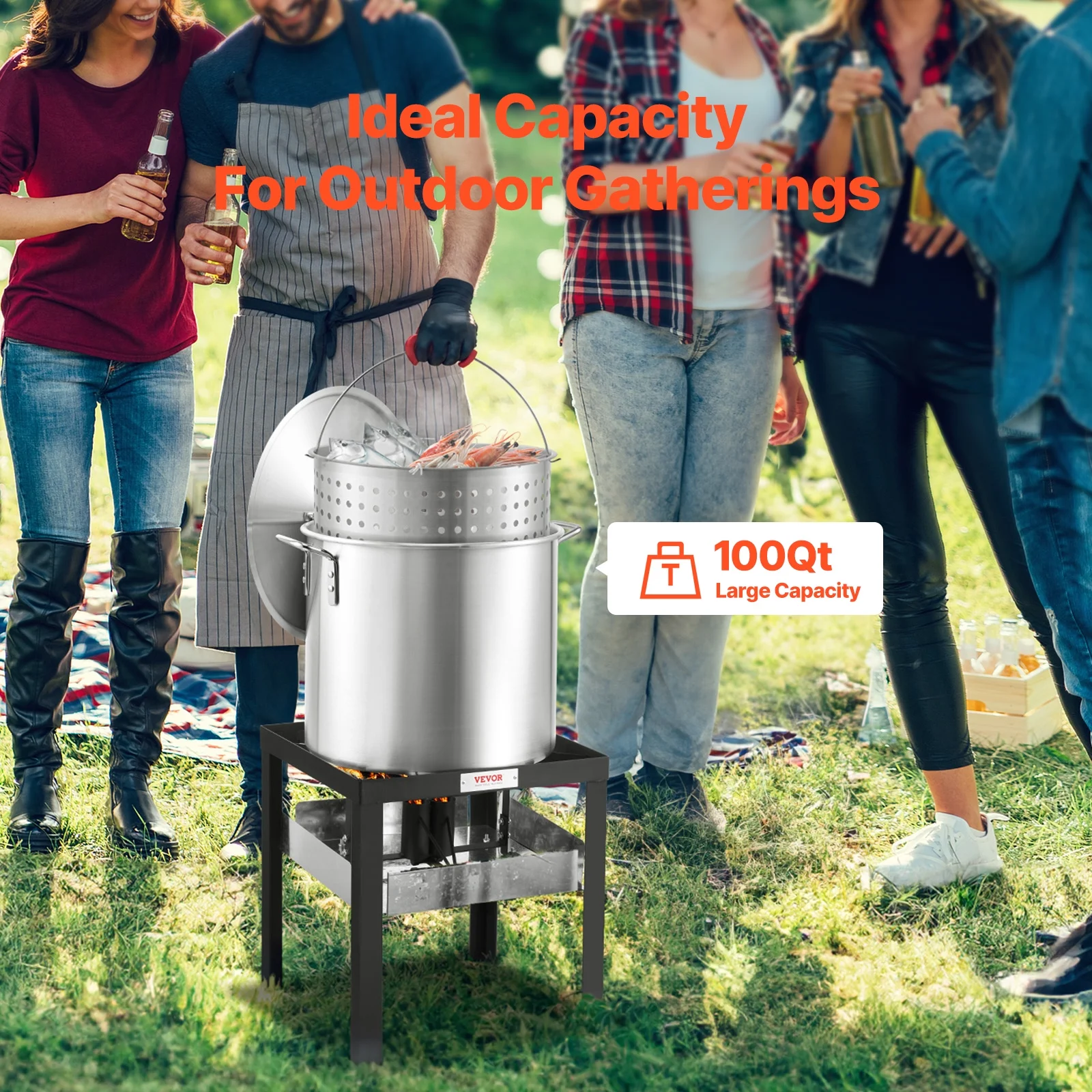 VEVOR 100 Qt Seafood Boiling Kit with Strainer, Outdoor Seafood Boil Pot and Basket, Cooking Set for Crab Crawfish Lobster Boiling,Aluminum Stockpot with 100,000 BTUs Propane Burner and Steamer Rack