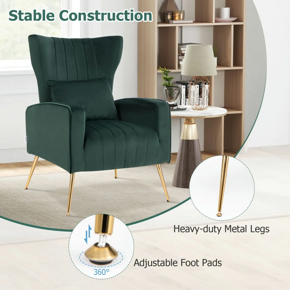 Canddidliike Velvet Upholstered Wingback Chair with Lumbar Pillow and Golden Metal Legs-Turquoise, Padded Seat, Wingback Chair for Bedroom Desk