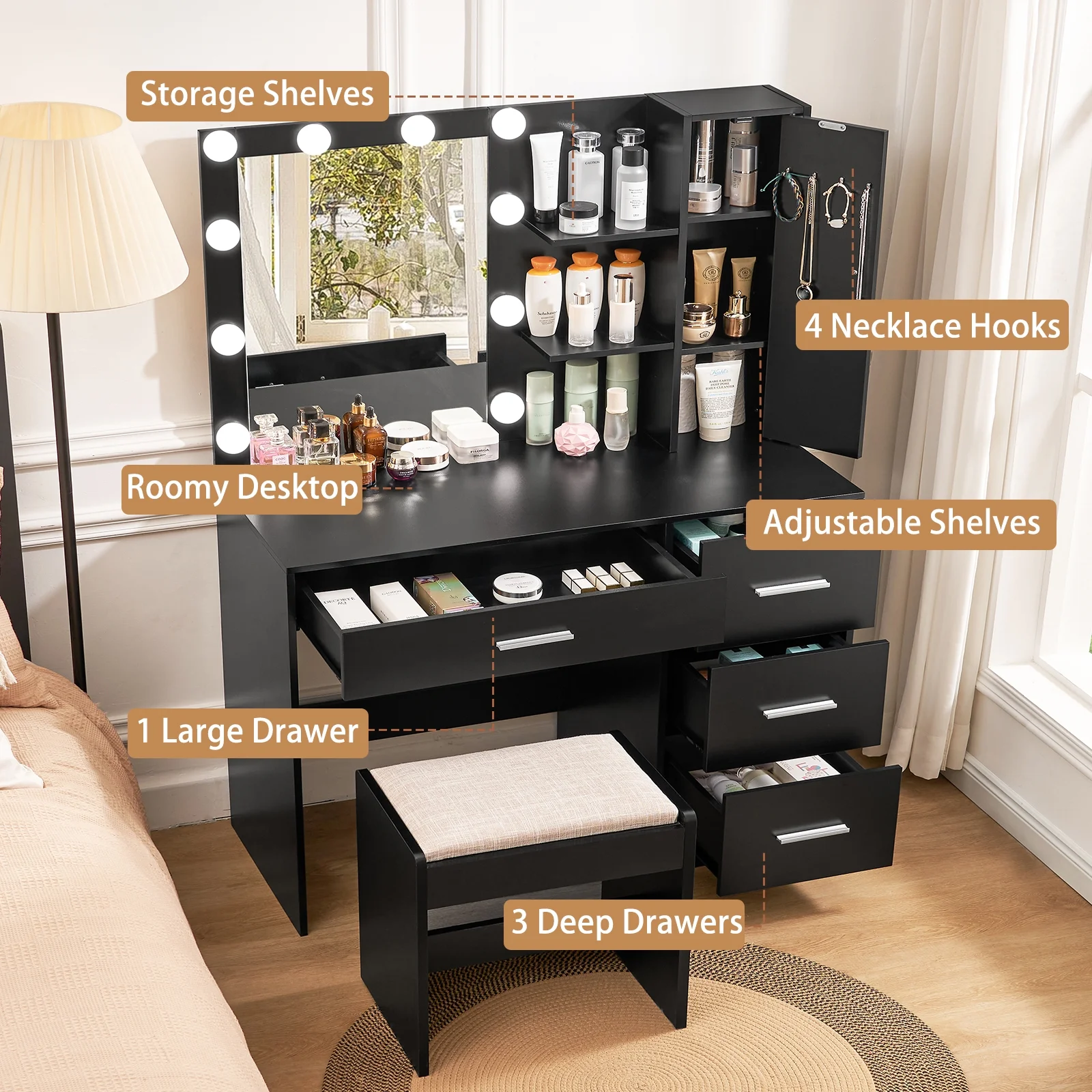 USIKEY LED Lights Mirror Vanity Desk Drawers Shelves Table Set Black