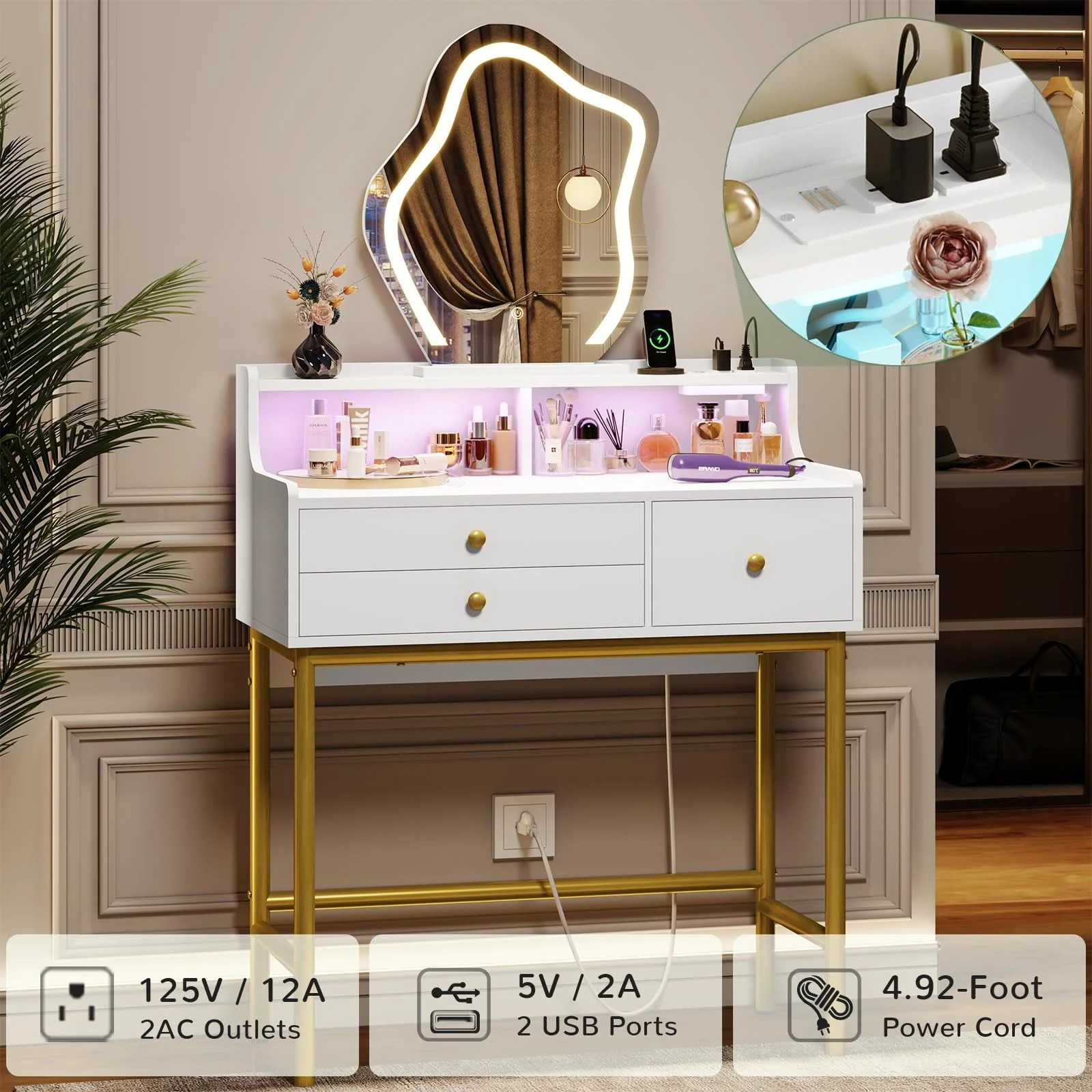 Tiptiper Makeup Vanity with Lights and Charging Station, Vanity Desk with 3-Color Touch Screen Lighted Mirror, White