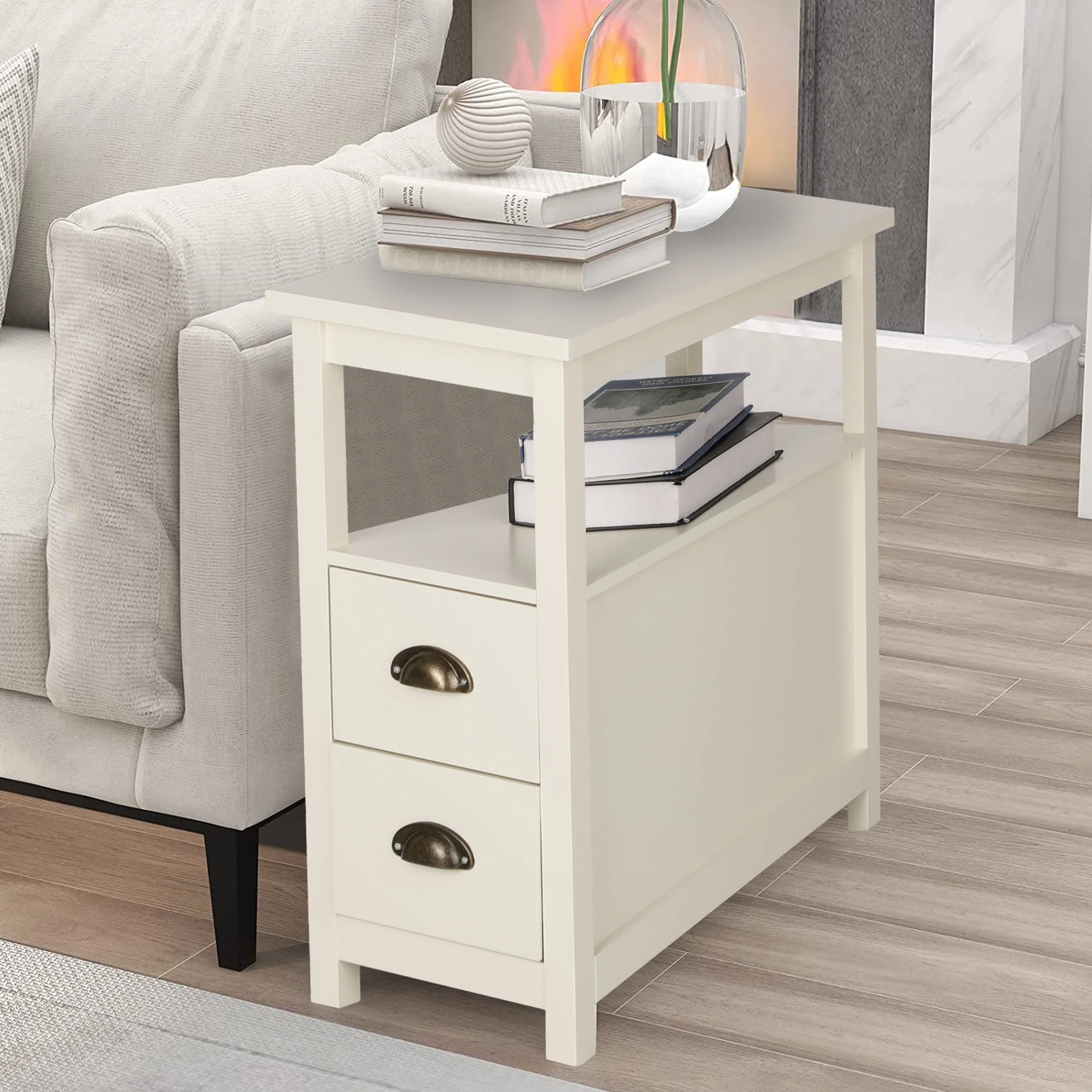 Alpha Joy Narrow End Table 4-Tier Small Side Table with 2 Drawers Nightstand Side Table Bedside Table Sofa Table, White, 2PCs