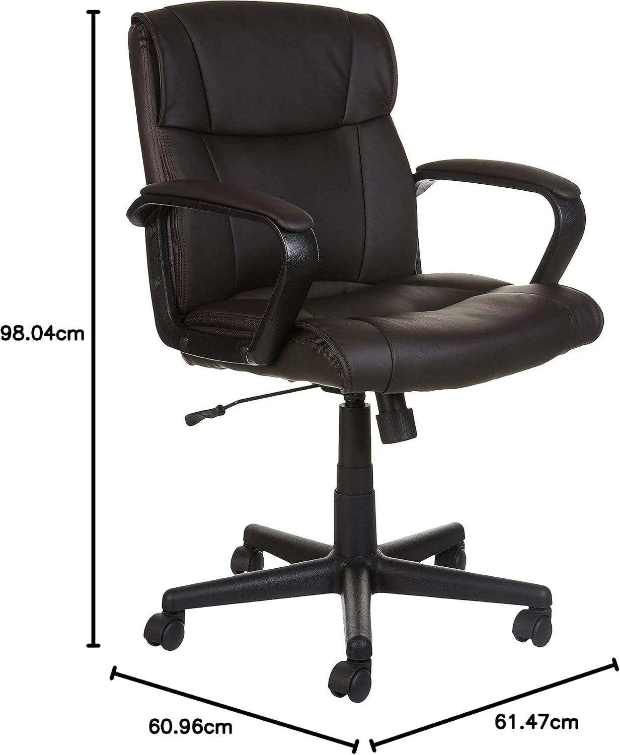 Office Computer Task Desk Chair with Padded Armrests, Mid-Back, Adjustable, 360 Swivel, Rolling, 275 Pound Capacity, 24inchD x 24.2inchW x 34.8inchH, BIFMA Certified, Dark Brown Faux Leather