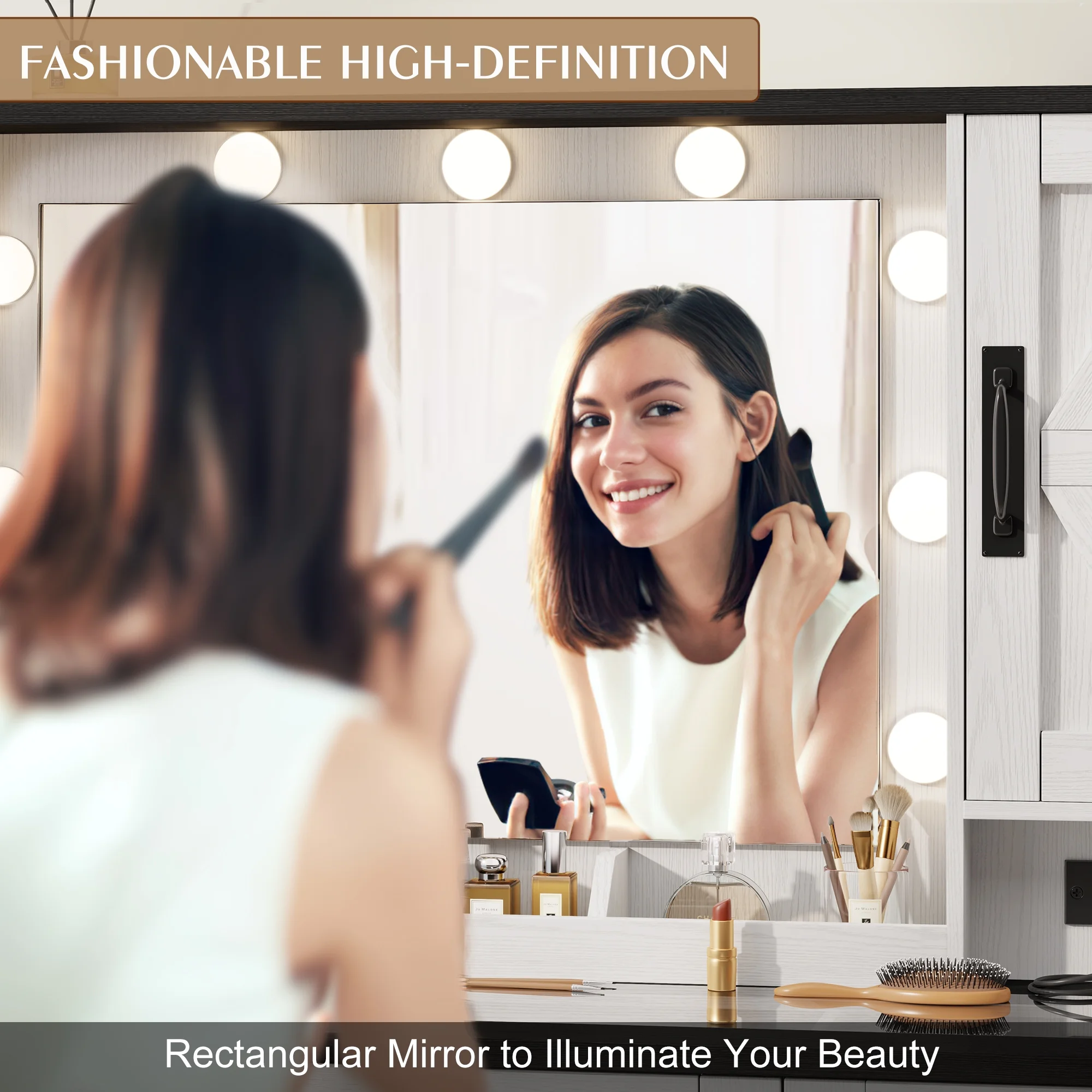 GIKPAL Makeup Vanity, Vanity Desk with Mirror & Glass Top, Farmhouse Vanity with Lights, Charging Station and Drawers, Rustic White