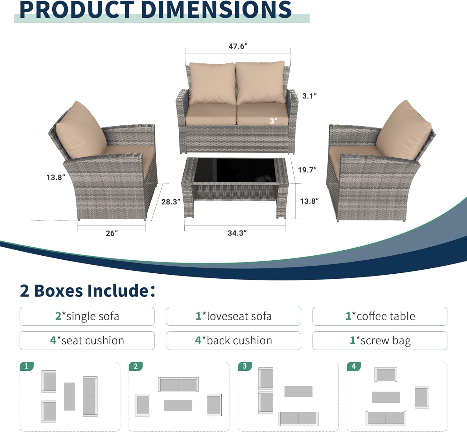 Poteban Wicker Patio Furniture Set, 4 Piece Outdoor Sectional Conversation Sets, Gray PE Rattan Patio Sofa Set for Balcony, Porch, Backyard, Grey
