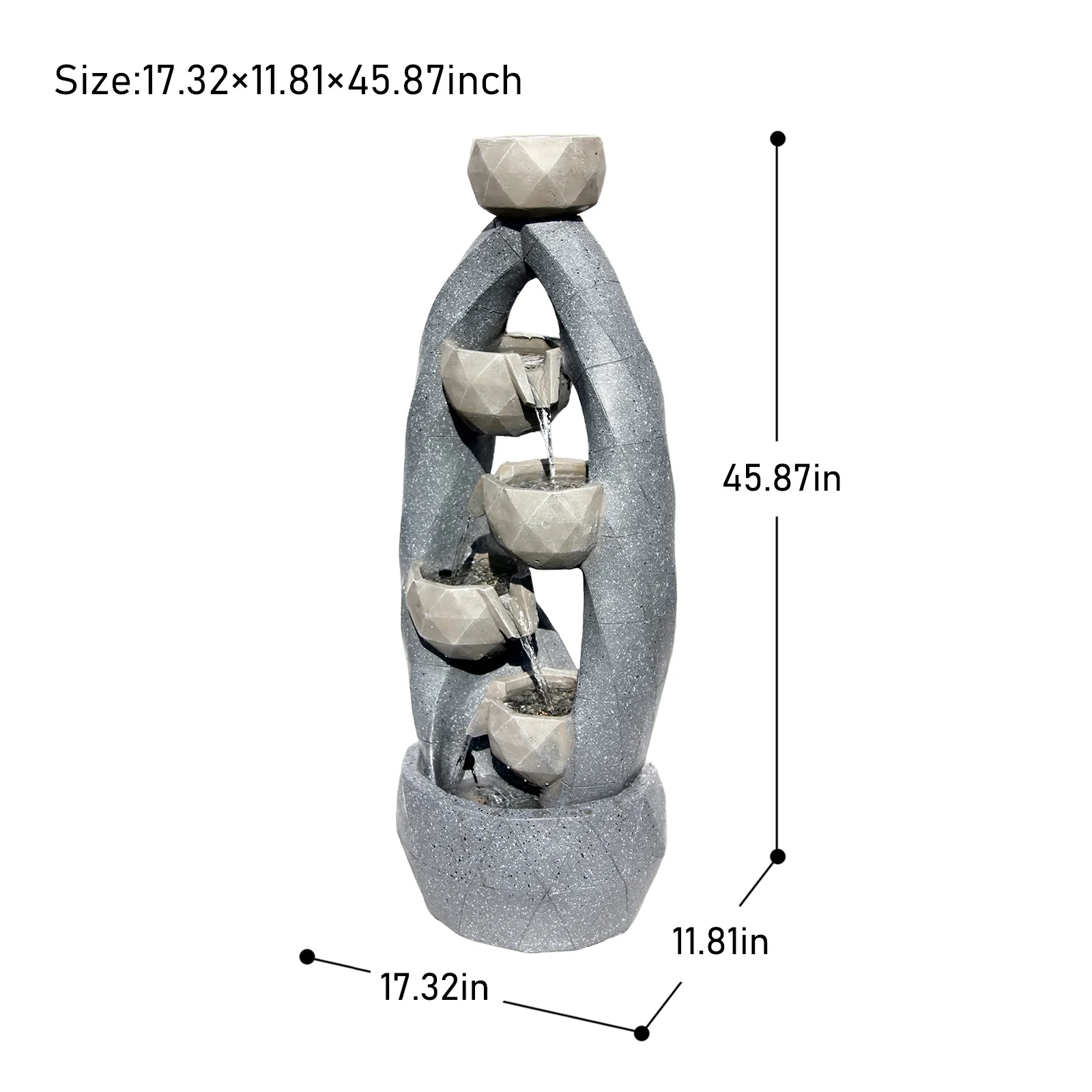 4-Tiered Water Fountain Outdoor Modern Circle Design Indoor Waterfall Garden Fountains Bowl Planter Water Feature with LED Light for Patio Yard Porch and Home Art Decor 45.87''H
