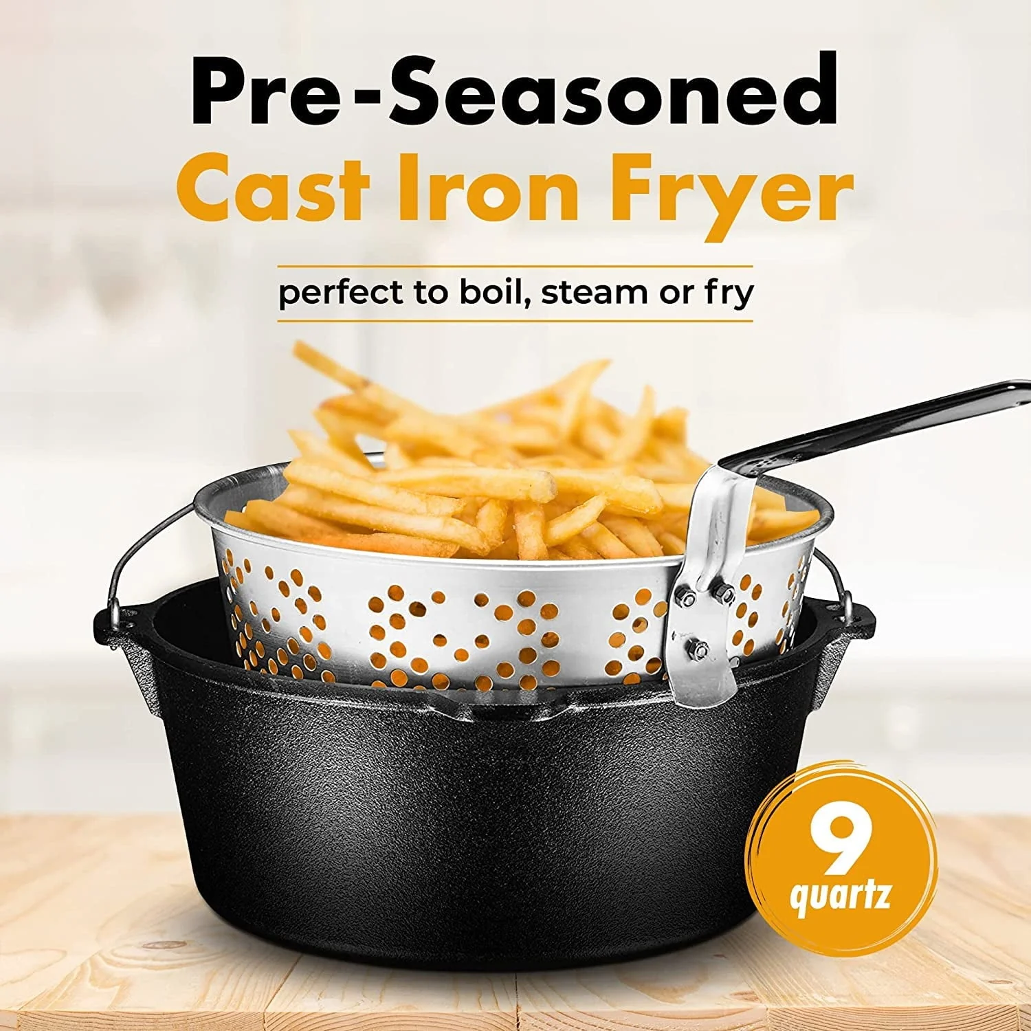 Bruntmor | Pre-Seasoned Cast Iron Fish Fryer 9 Quart Stock Pot Dutch Oven