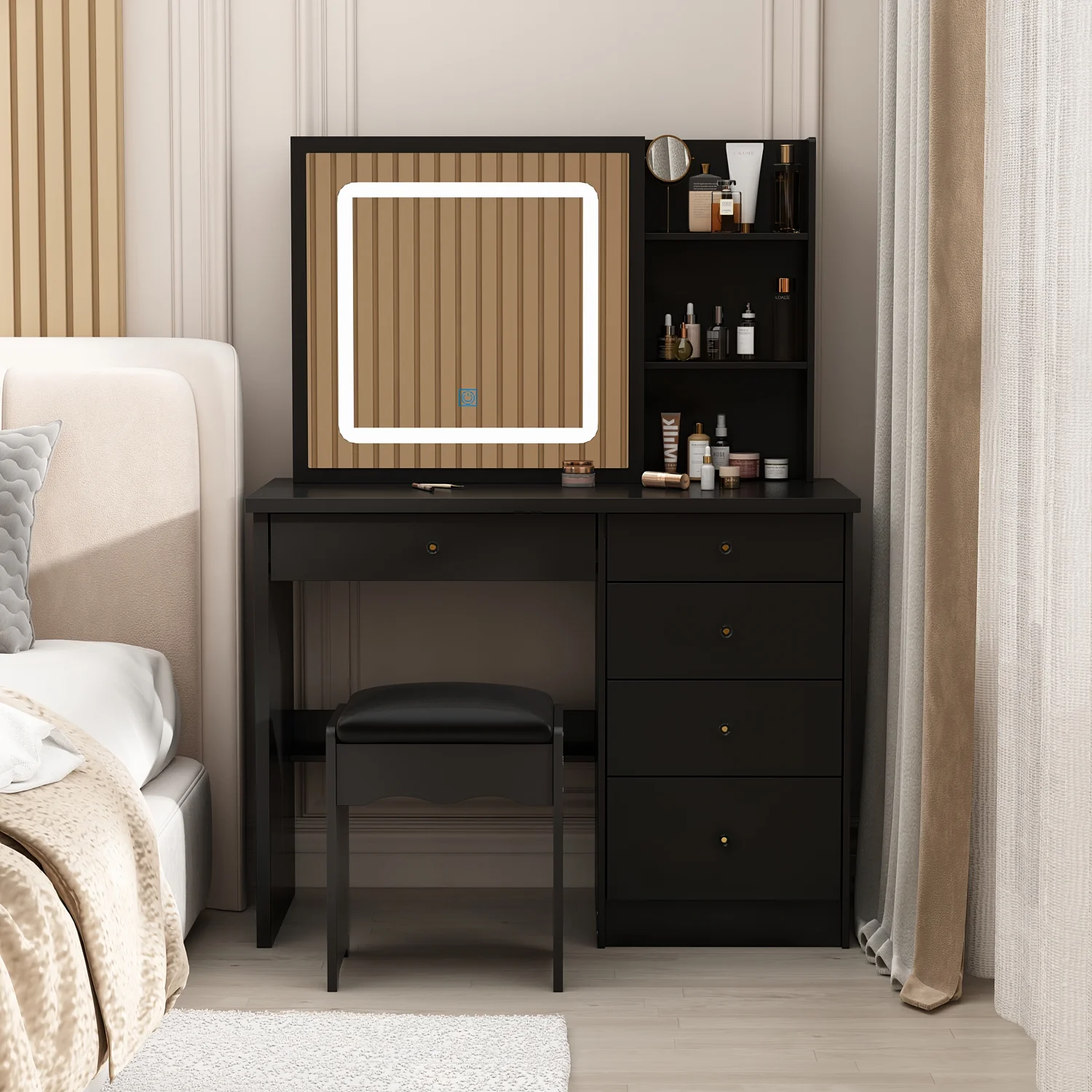 MONSLIPA Makeup Vanity Desk Set w/ Light, Sturdy Dressing Vanity Table with Bench, Shelves & Drawers