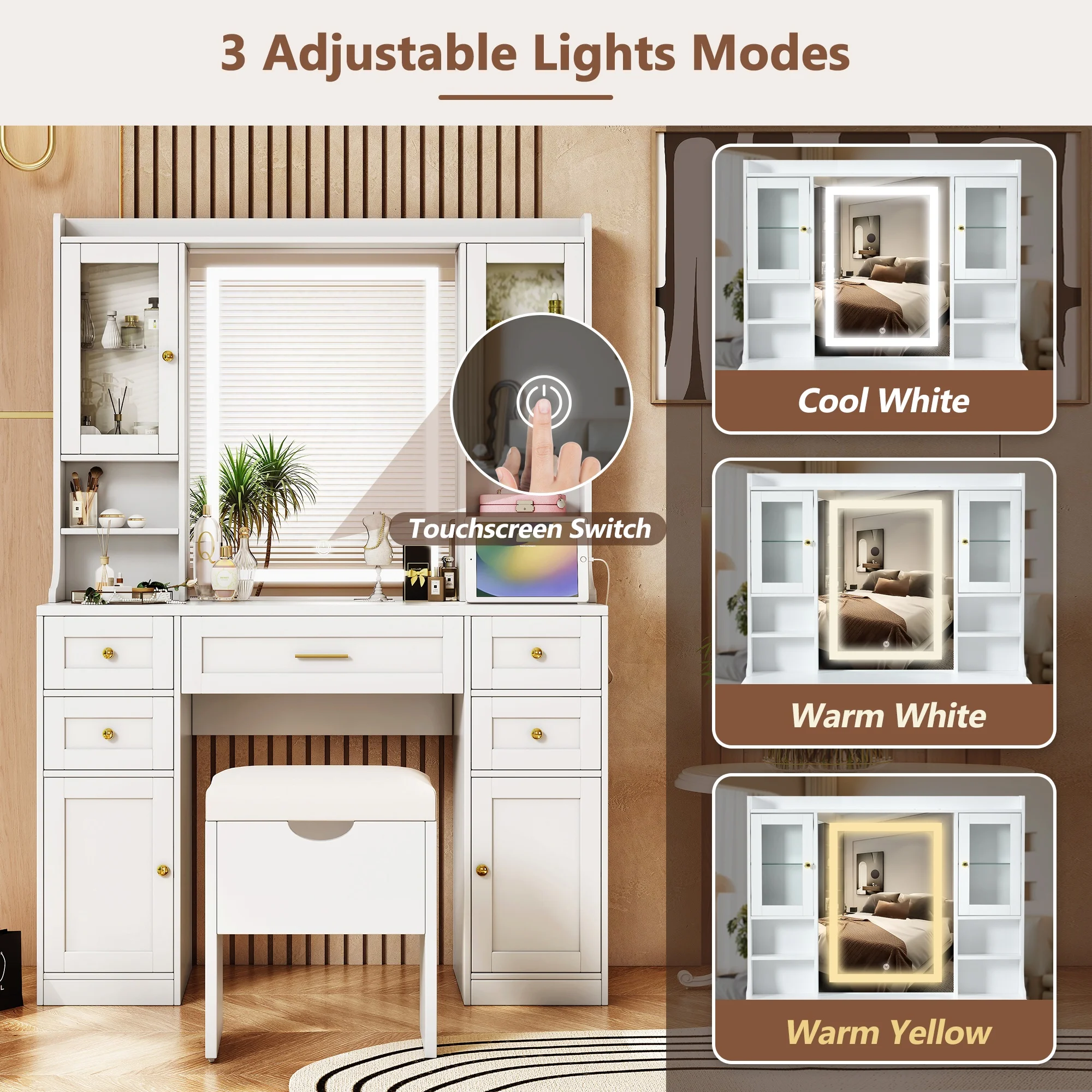 PORKISS Makeup Vanity with Mirror, Vanity Desk Set with 3 Colors Lights, Charging Station and Cushioned Storage Stool, Modern Dressing Table with 5 Drawers and 4 Cabinets for Bedroom, White