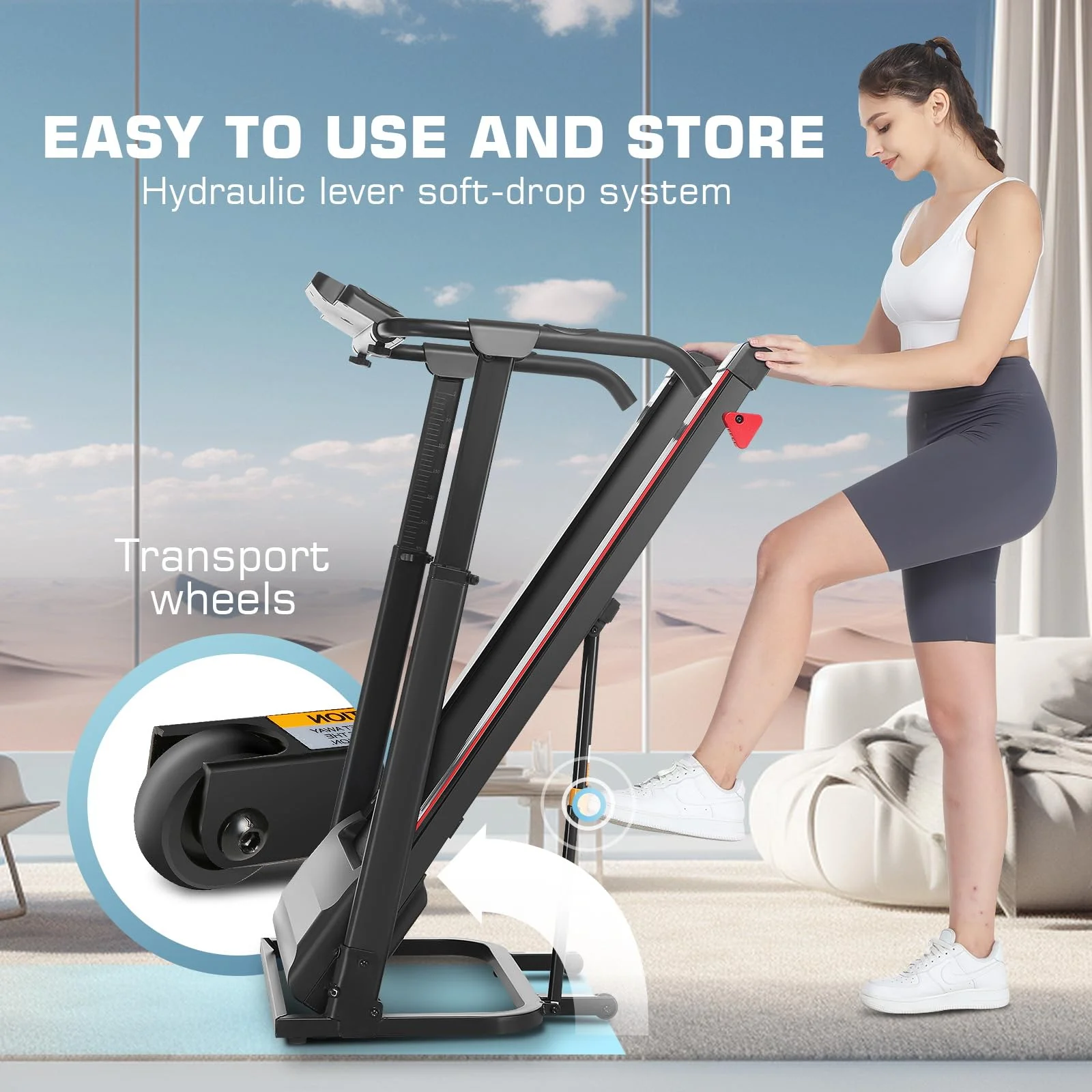 Folding Treadmill with Removable Desk, Foldable Treadmill with Adjustable Height, Treadmill 300lb Weight Capacity, White