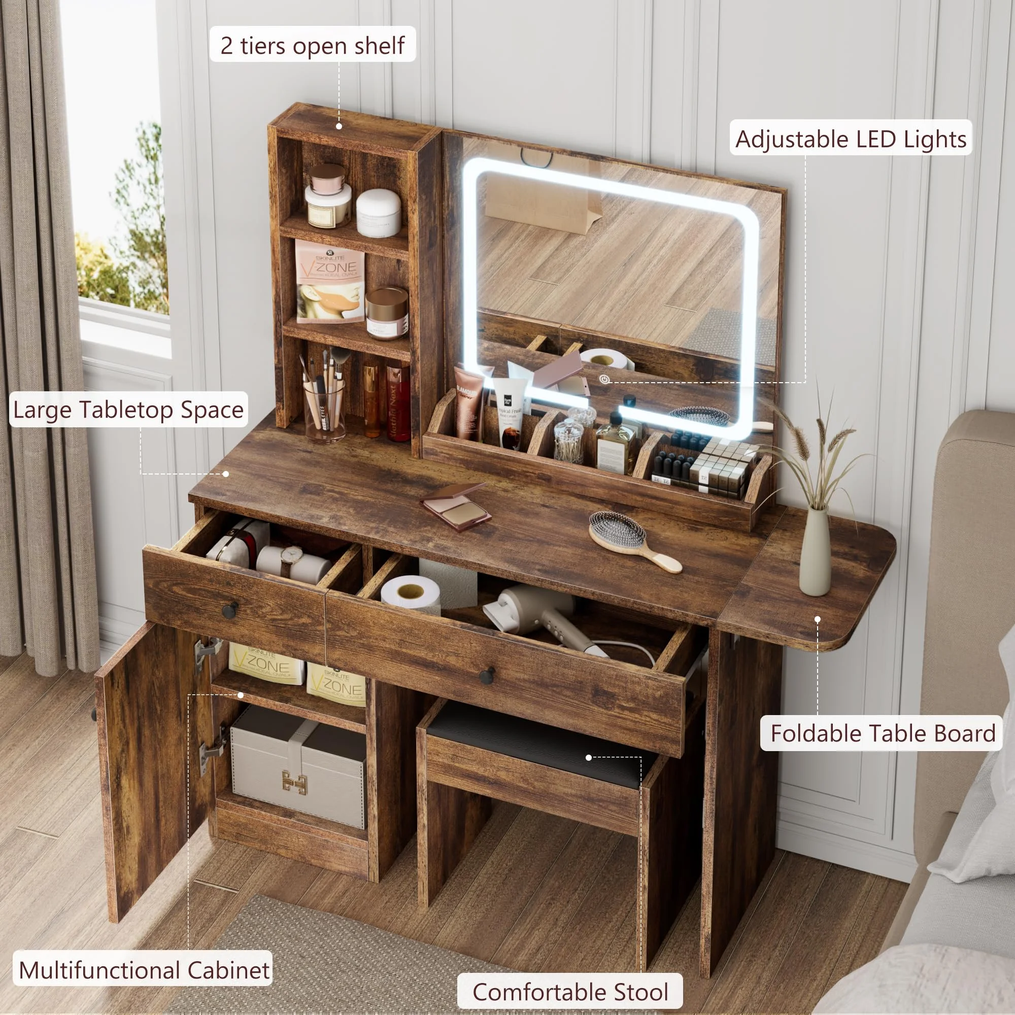 DSstyles Brown/Black/White Vanity Desk with LED Lighted Mirror & Power Outlet, Makeup Vanity with Drawers & Cabinet & Chair, Vanity Table Set for Bedroom