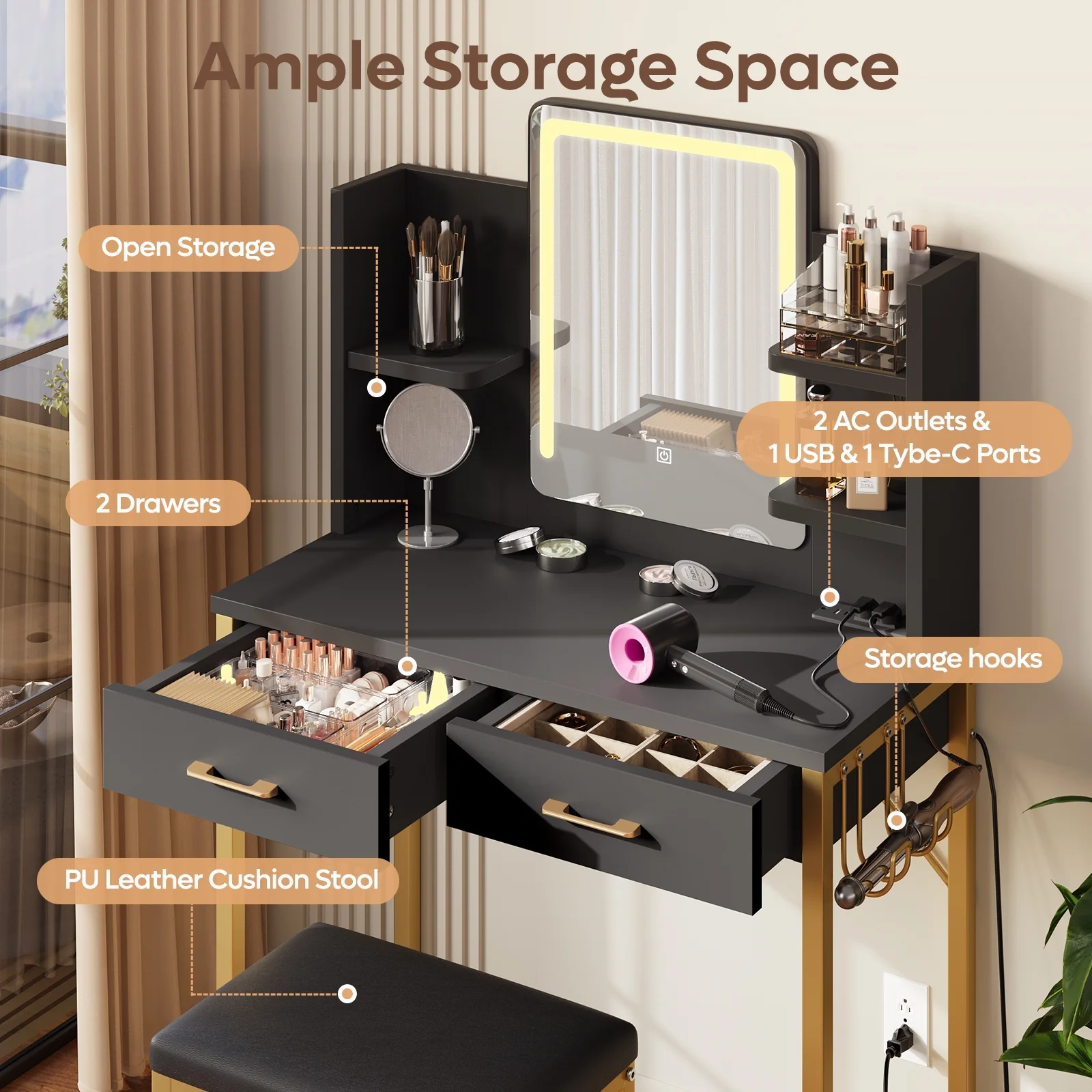 Bestier Makeup Vanity Set with Mirror and Lights, Vanity Desk with Drawers, Power Outlet & Cushioned Stool, Vanity Table for Bedroom,  Black
