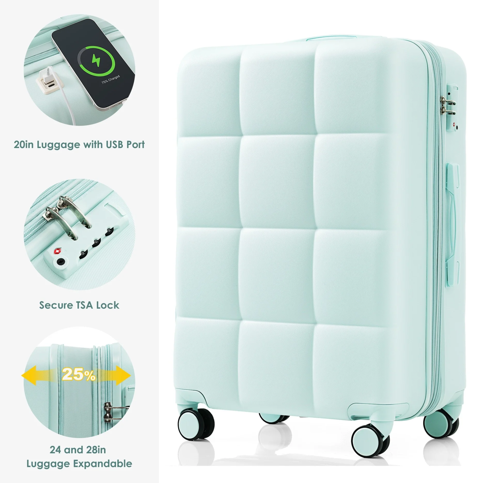 3 Piece Luggage Set , 20/24/28 inches Suitcase Set , ABS Hardshell Expandable Luggage Sets with TSA Lock,20-inch with USB Port, Carry On Luggage for Men Women, Pink