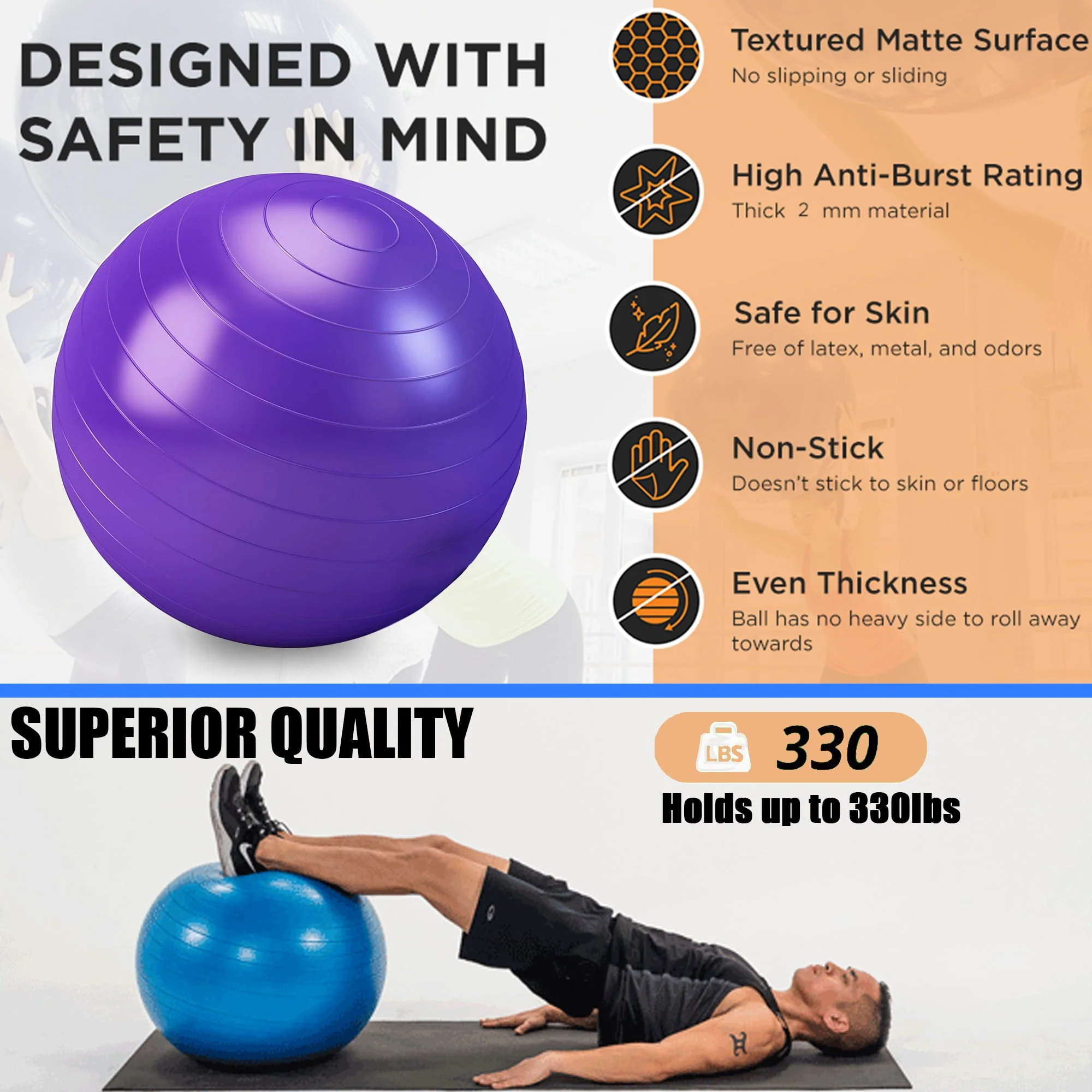 Exercise Ball, Pilates Yoga Ball for Fitness Pregnancy, Stability Balance Ball Chair with Quick Pump, Anti-Burst Workout Gym Equipment for Home, Office (Purple 55cm)