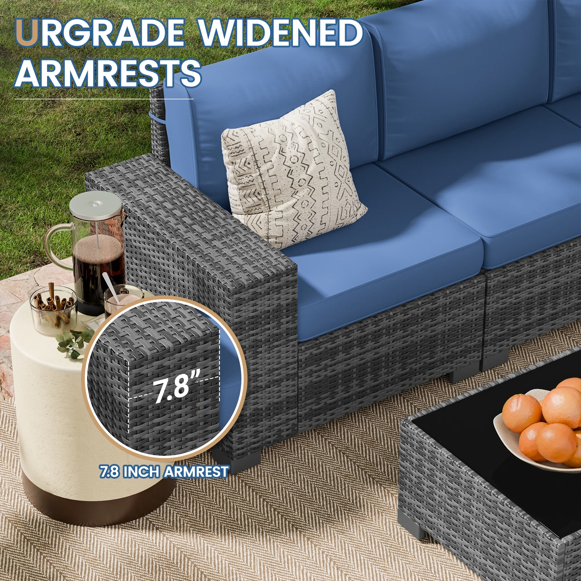 Poteban Patio Furniture Set 6 PCS Outdoor Sectional Conversation Sets Featuring Widen Wicker Armrests and High Back, Black (Waterproof Covers Included)