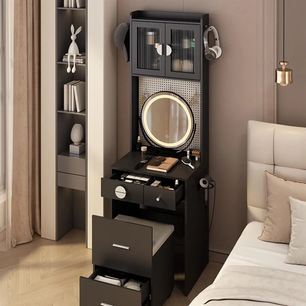 EDOEMSE Table & Chair Vanity Set, Vanity Set,Small Vanity Desk with Mirror and LED Lights, Makeup Table with Charging Station and drawers,Gray
