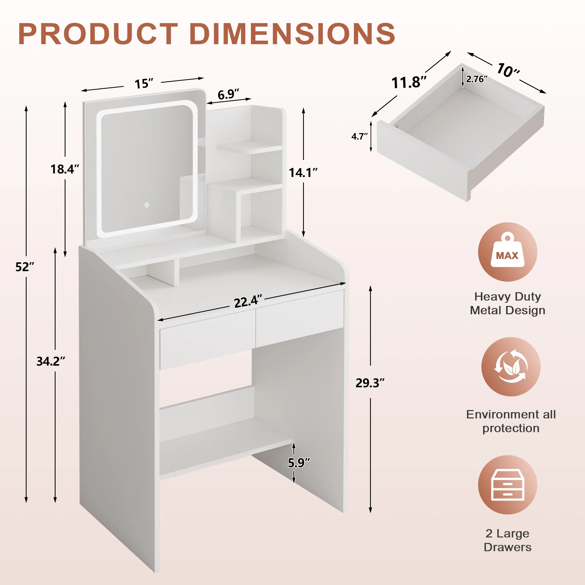 LIVELYGLOW Vanity Desk Set with Square Mirror and Light- Small Vanity Table with Drawers- White