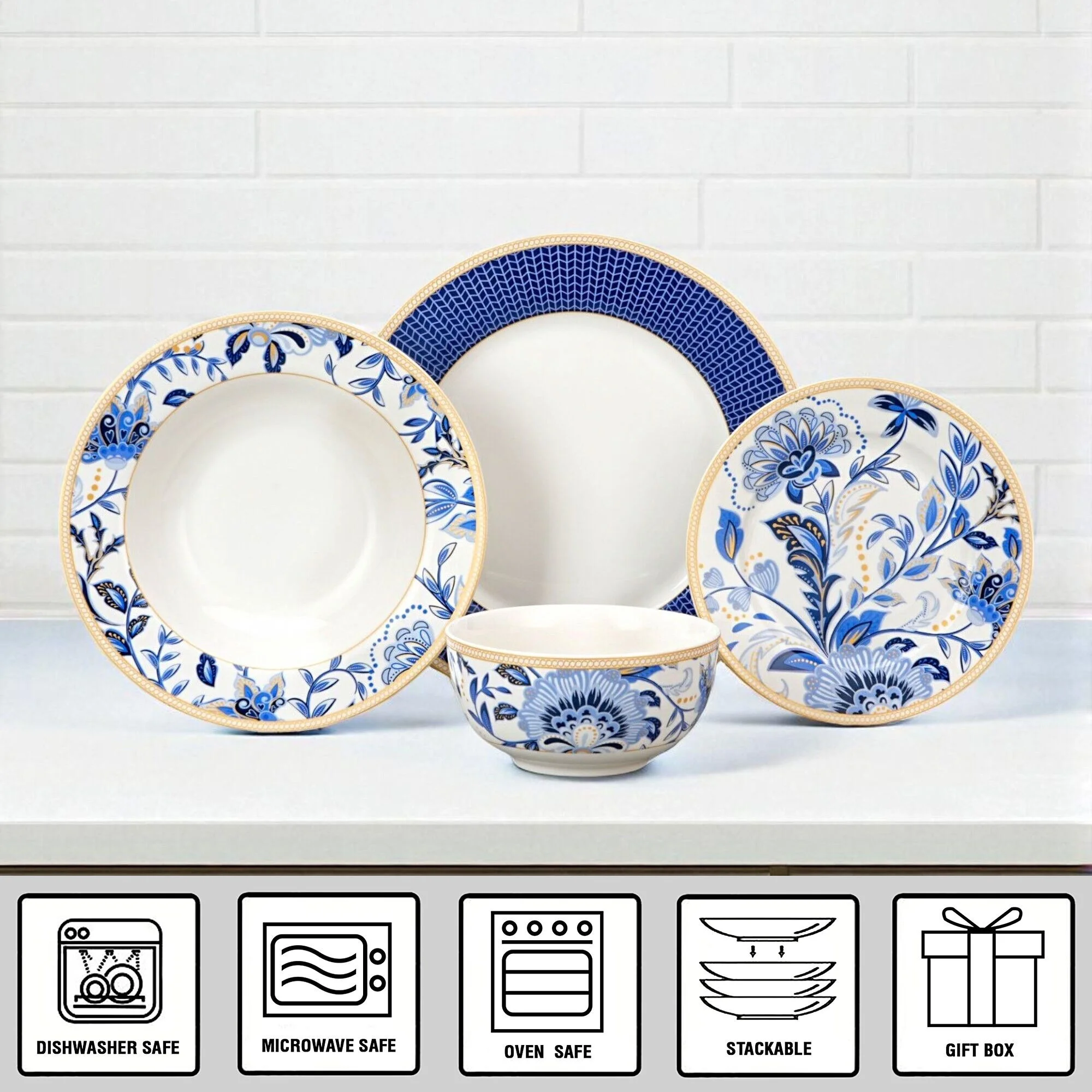 STP GOODS Melodie de Fleurs Bone China Dinnerware Set of 24 Service for 6 24-Piece Dish Set of Plates and Bowls, Blue Gold White