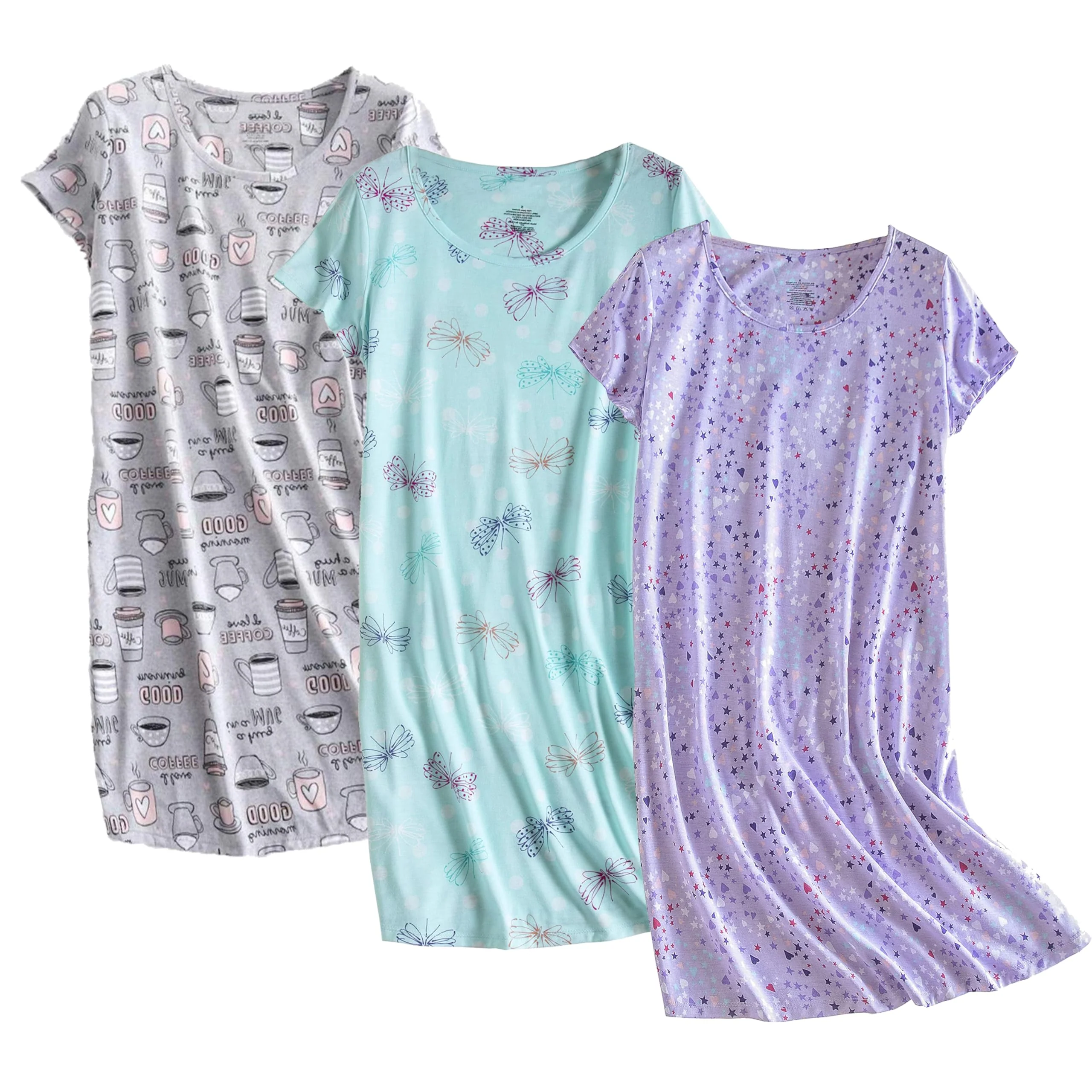 Inadays 3 Pack Women's Cotton Nightgown Sleepwear Short Sleeves Nightshirt Fun Print Sleepdress Loose Comfy Sleepshirts Cup+Purple+Dragonfly-XL