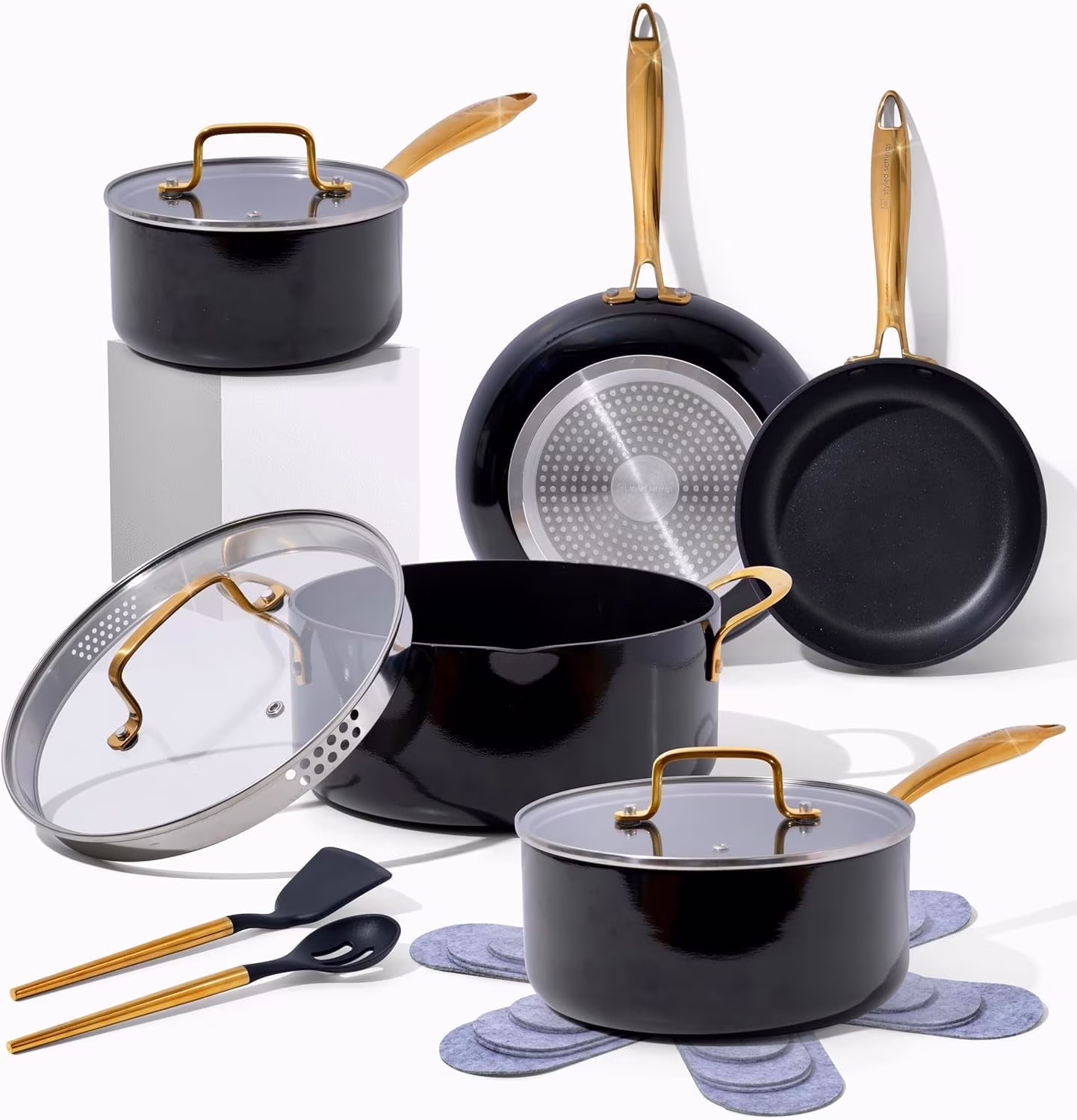 Styled Settings White Pots and Pans Set Nonstick-15 Piece Luxe White Cookware Set Non Toxic,Oven Safe,Induction Safe Cooking Pot with Strainer Lid,Gold Cooking Utensils,Gold Pots & Pans��